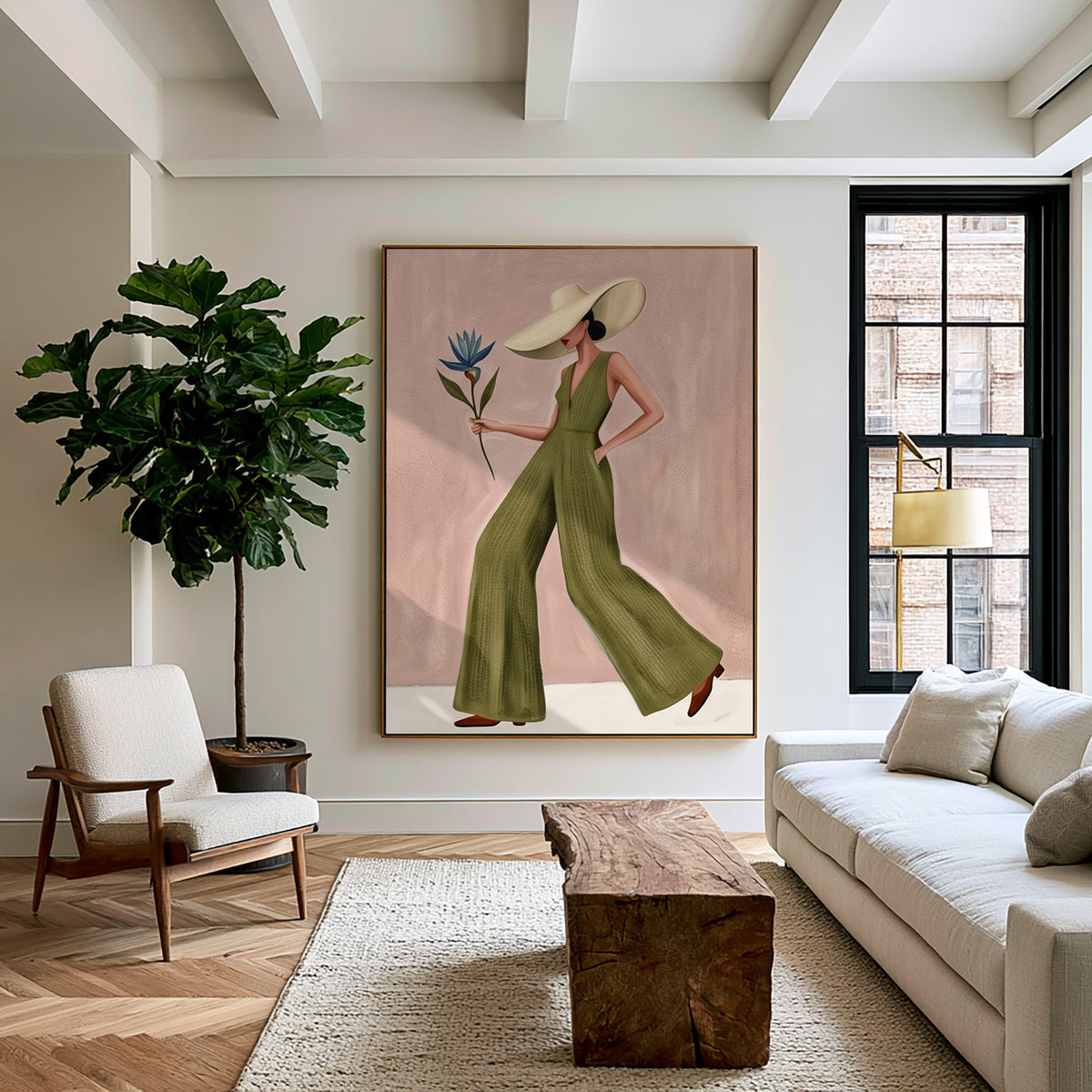 Modern Fashion Woman Painting Green Jumpsuit Wall Art