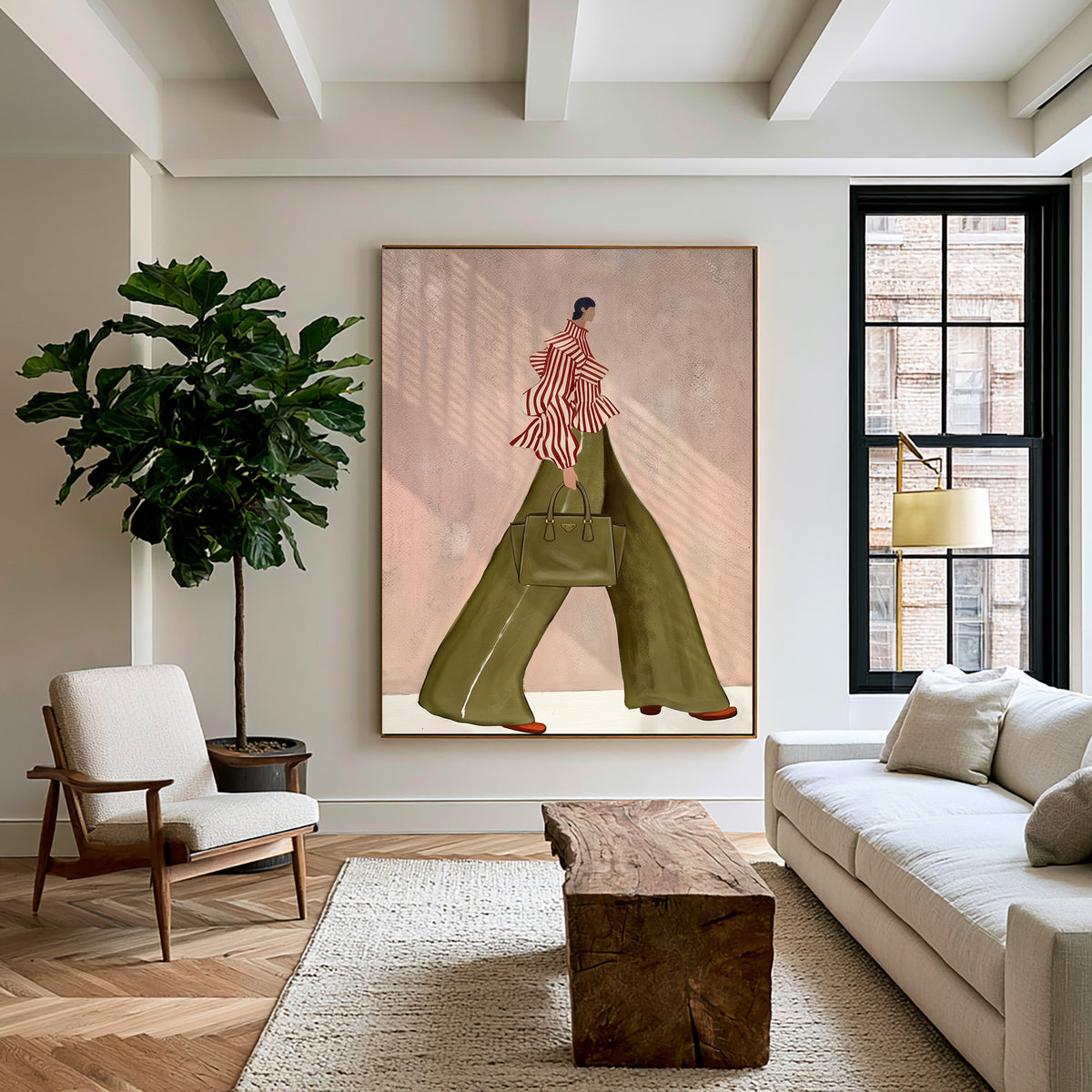 Fashion Woman Wall Art Green Pants Striped Top Hand Painted Art