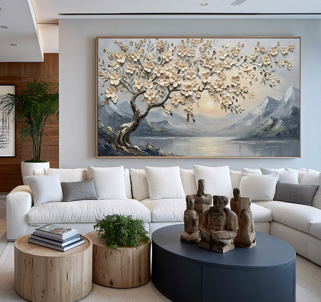 Large Textured Blossom Tree Painting Mountain Lake Living Room Wall Art
