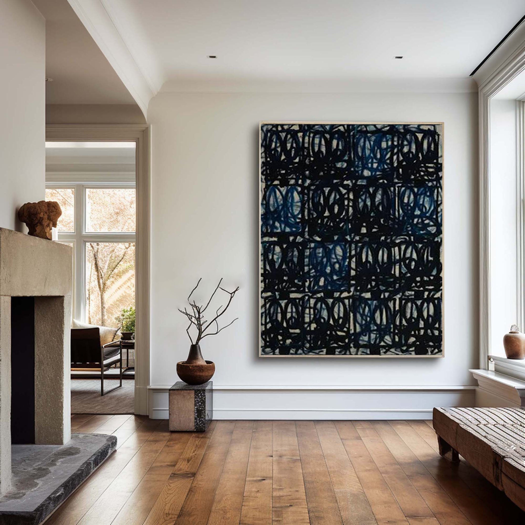 Intricate Blue and Black Wall Art Modernist Aesthetic #AB025