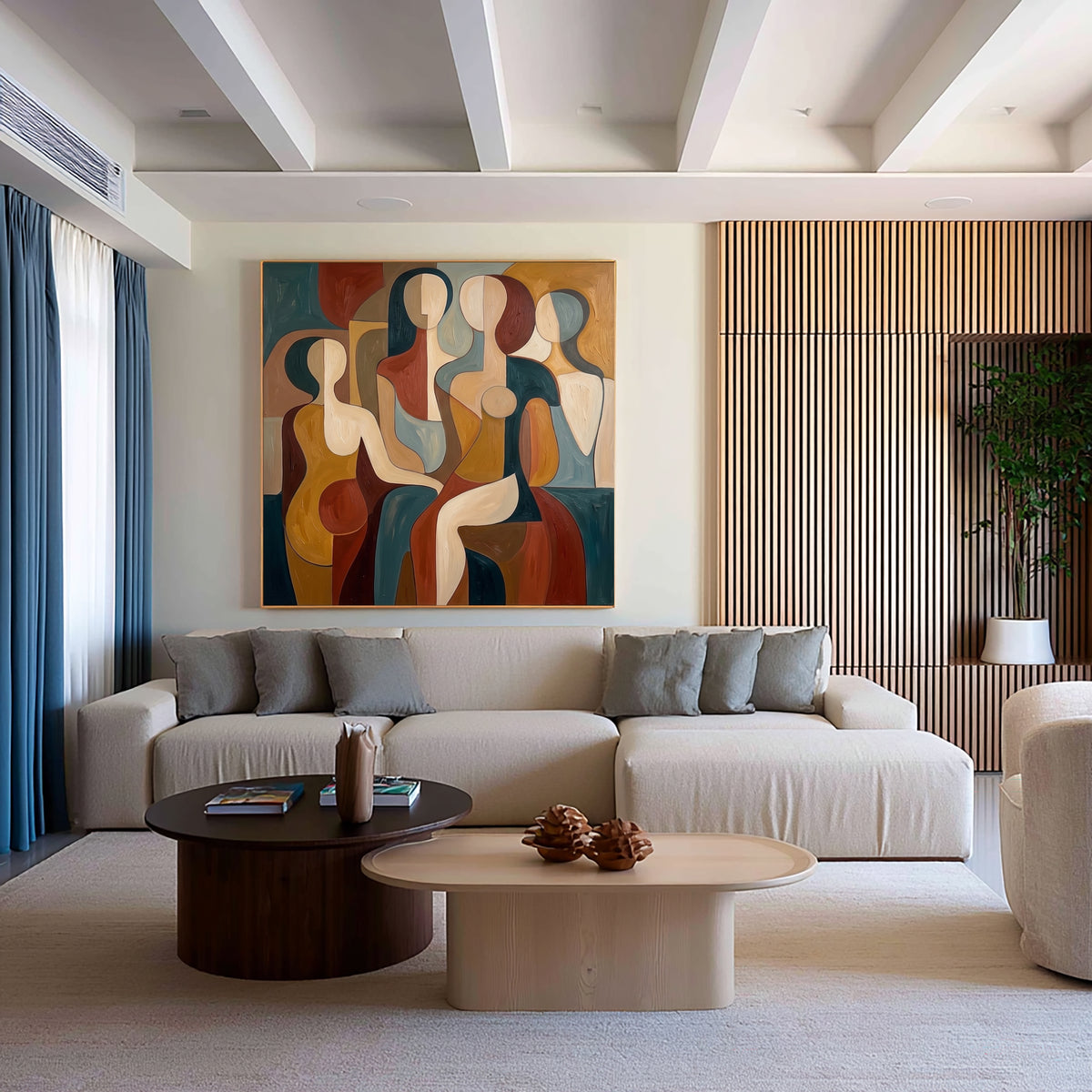 Large Geometric Abstract Female Figures Wall Art Modern Cubist Inspired Oil Painting Colorful Figurative Portrait Contemporary Living Room Decor