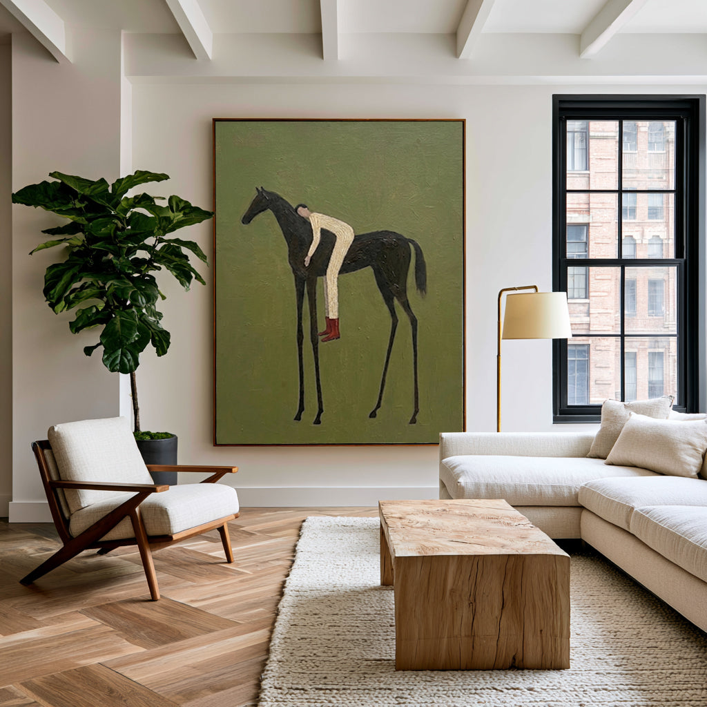 Large Contemporary Figurative Horse Rider Wall Art Equestrian Oil Painting Minimalist Cowboy Cowgirl Inspired Artwork Modern Home Decor