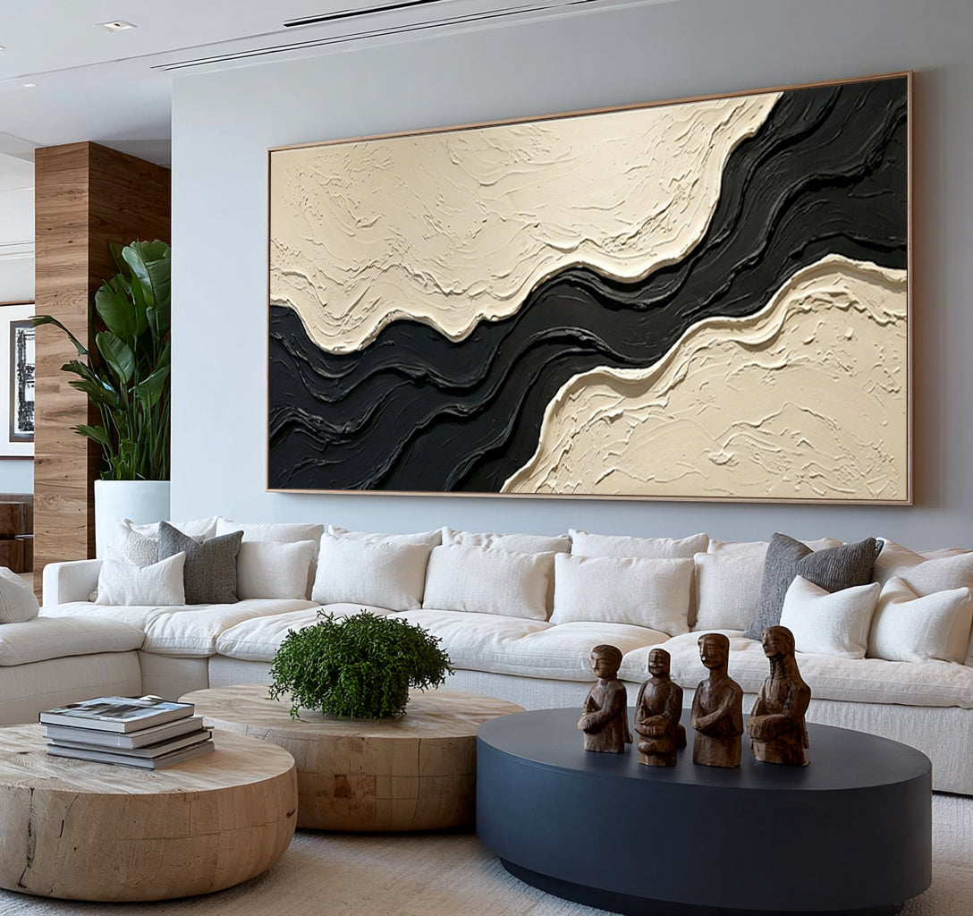 Large Architectural Textured Abstract Wall Art Black Ivory Oil Painting Contemporary Luxury Interior Design Artwork