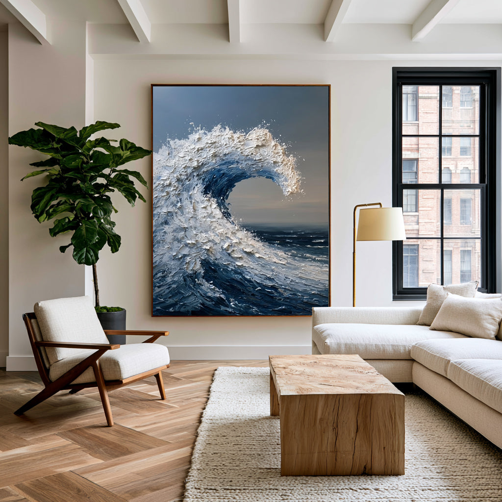 Large Textured Ocean Wave Wall Art Hand Painted Oil Painting Seascape Cowboy Cowgirl Inspired Vintage Americana Artwork Modern Home Decor