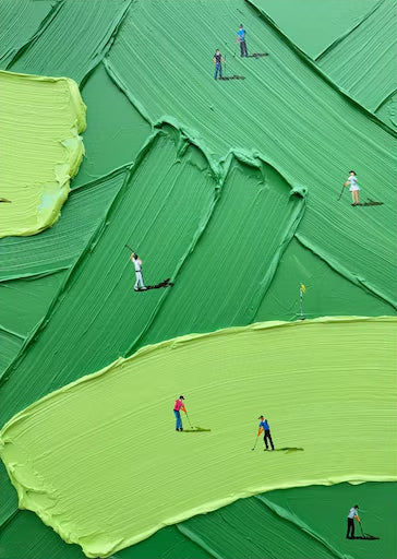 Large Golf Course Painting - Abstract Green with Small Figures | KelorArt #AG 099