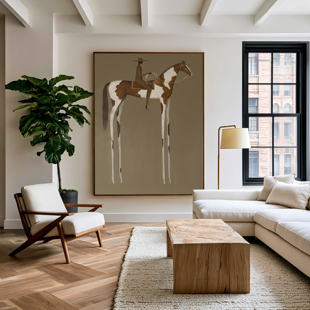Large Modern Western Equestrian Wall Art Horse Rider Oil Painting Cowboy Cowgirl Inspired Vintage Americana Artwork Luxury Home Decor