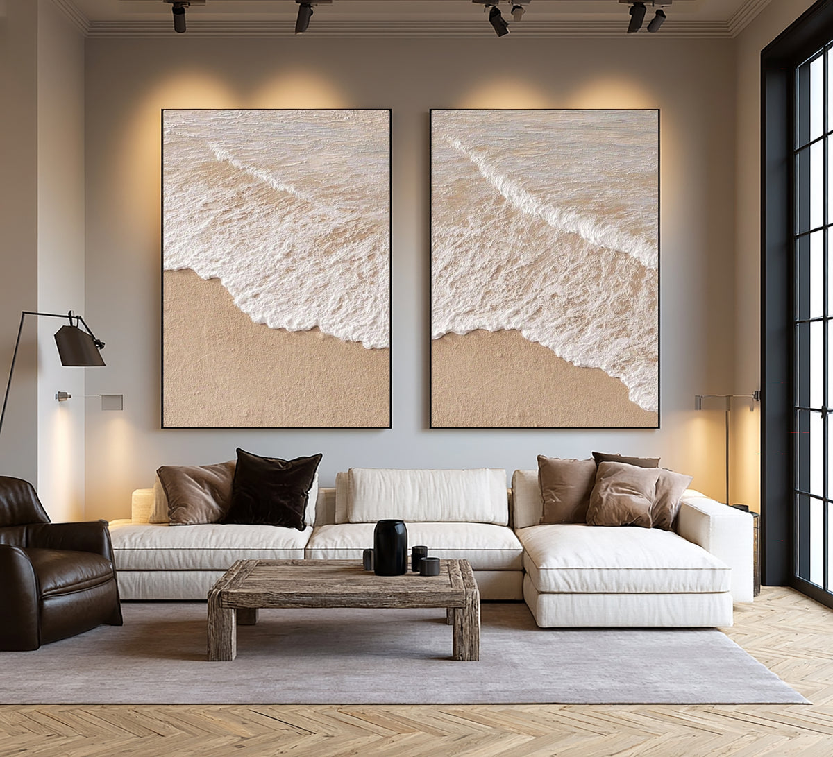 Large Textured Ocean Waves Diptych Wall Art Beige White Coastal Seascape 3D Oil Painting Minimalist Two Piece Canvas Modern Home Decor