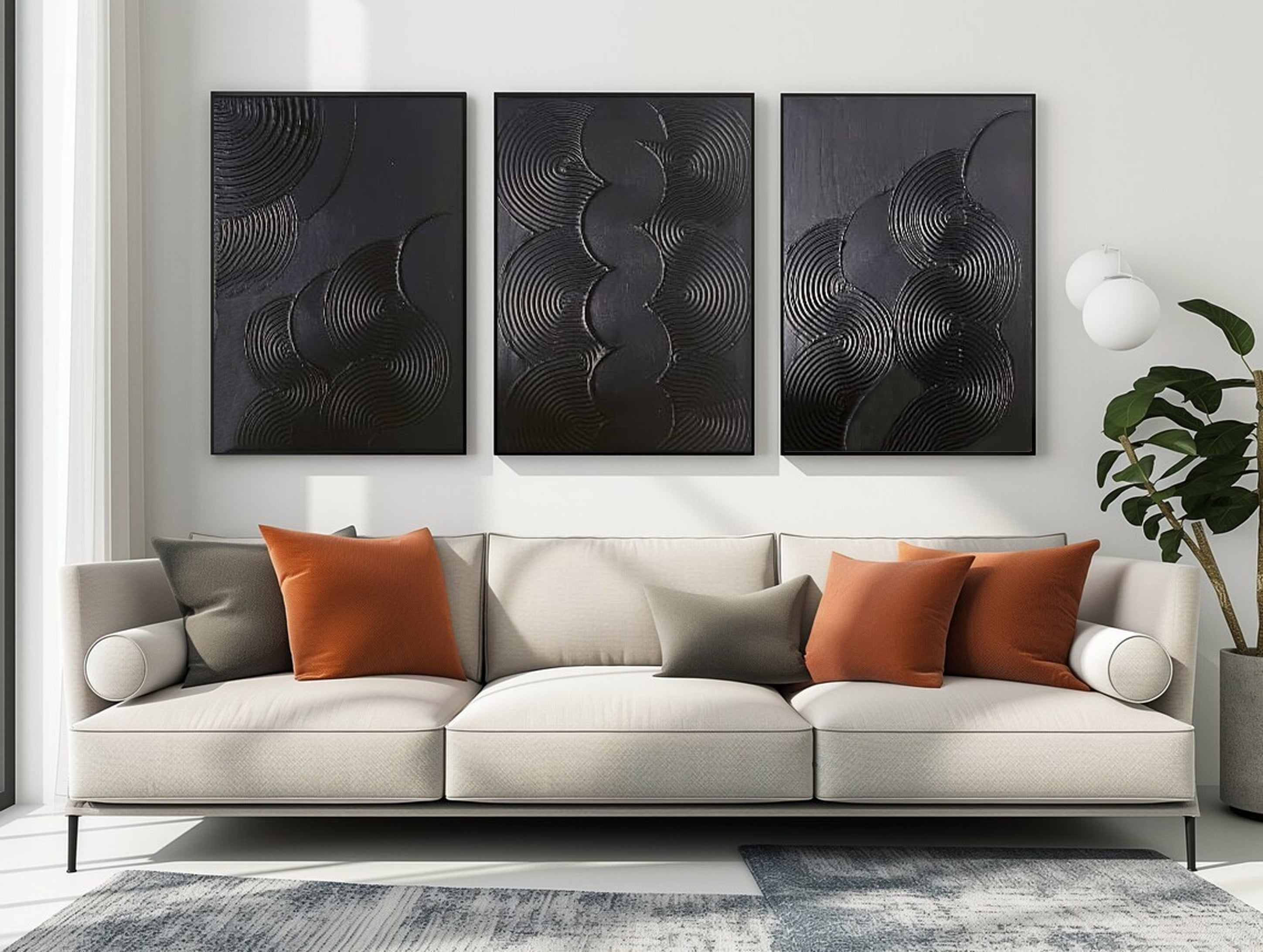 Modern Black Textured Geometric Triptych Wall Art #MMS063