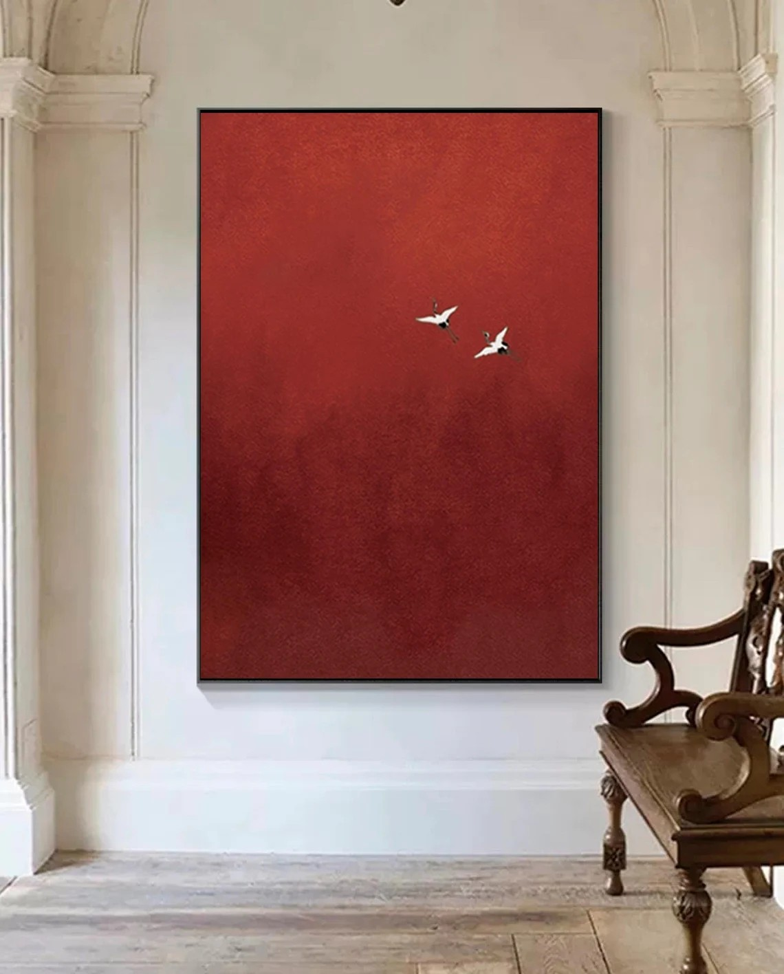 Serene Red Abstract with Birds Symbolic Minimalist Art #MM241