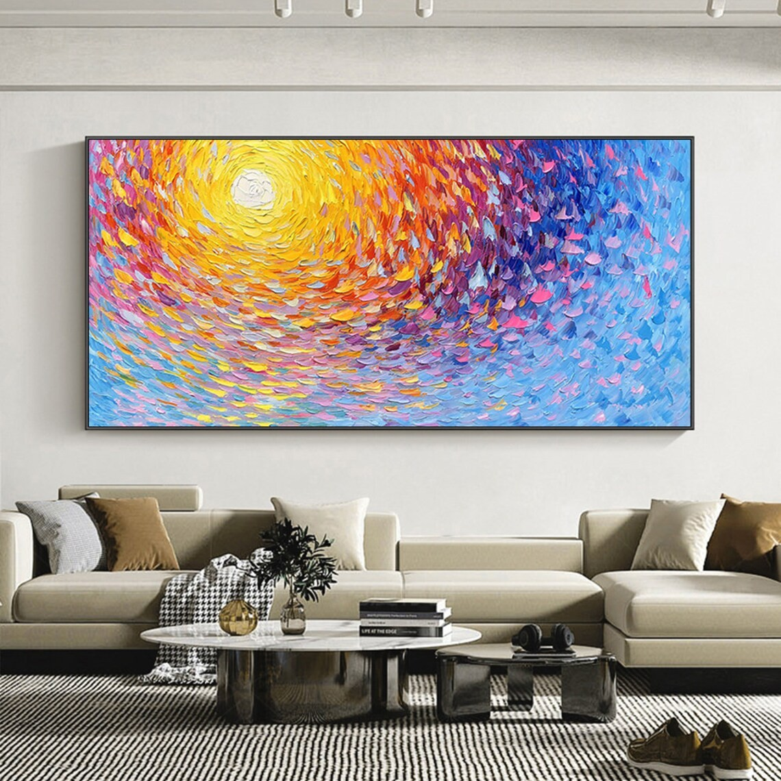 Impasto Sunrise Abstract Painting, Textured Color Burst