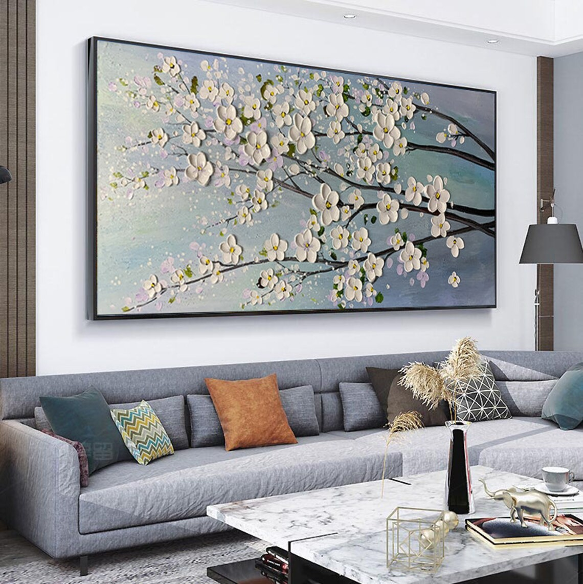 Textured White Blossom Tree Painting, Floral Modern Art, 3D Effect Canvas#MM391