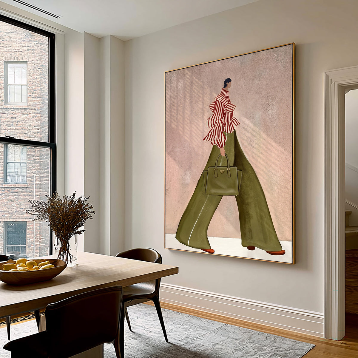 Fashion Woman Wall Art Green Pants Striped Top Hand Painted Art