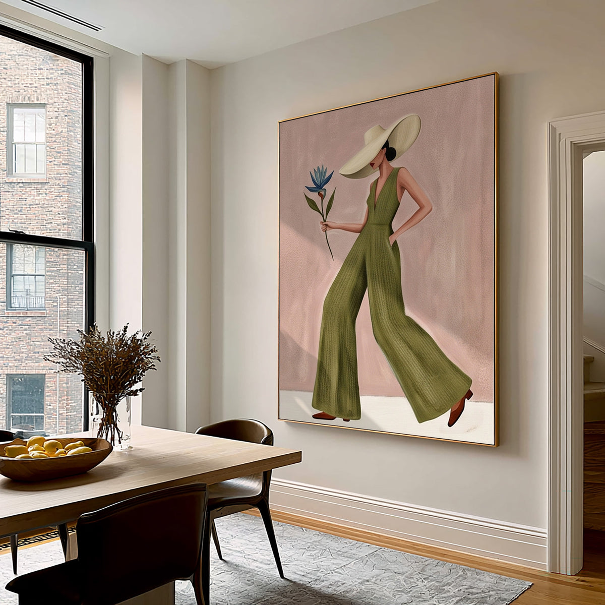 Modern Fashion Woman Painting Green Jumpsuit Wall Art