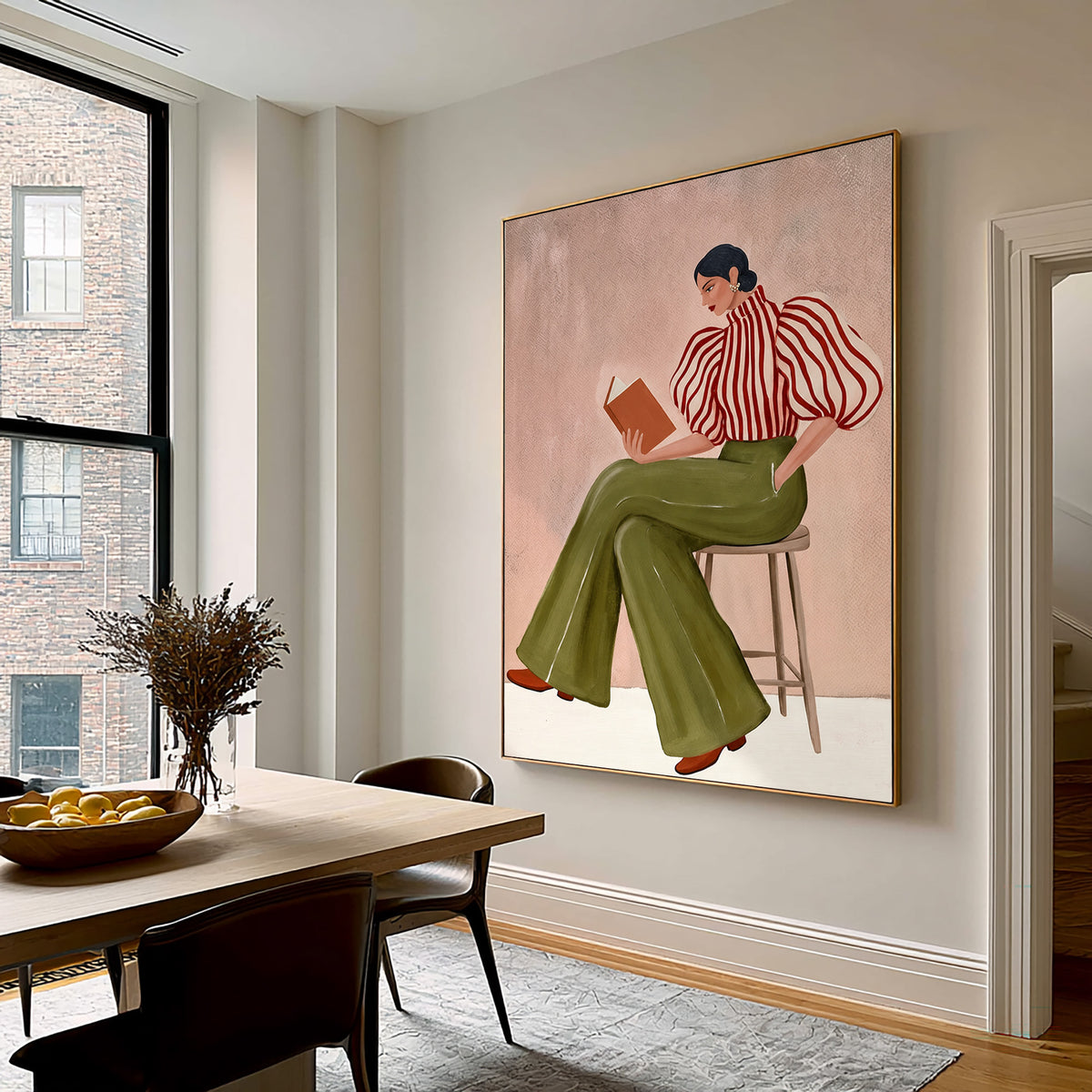 Modern Woman Reading Book Striped Blouse Figurative Painting Wall Art