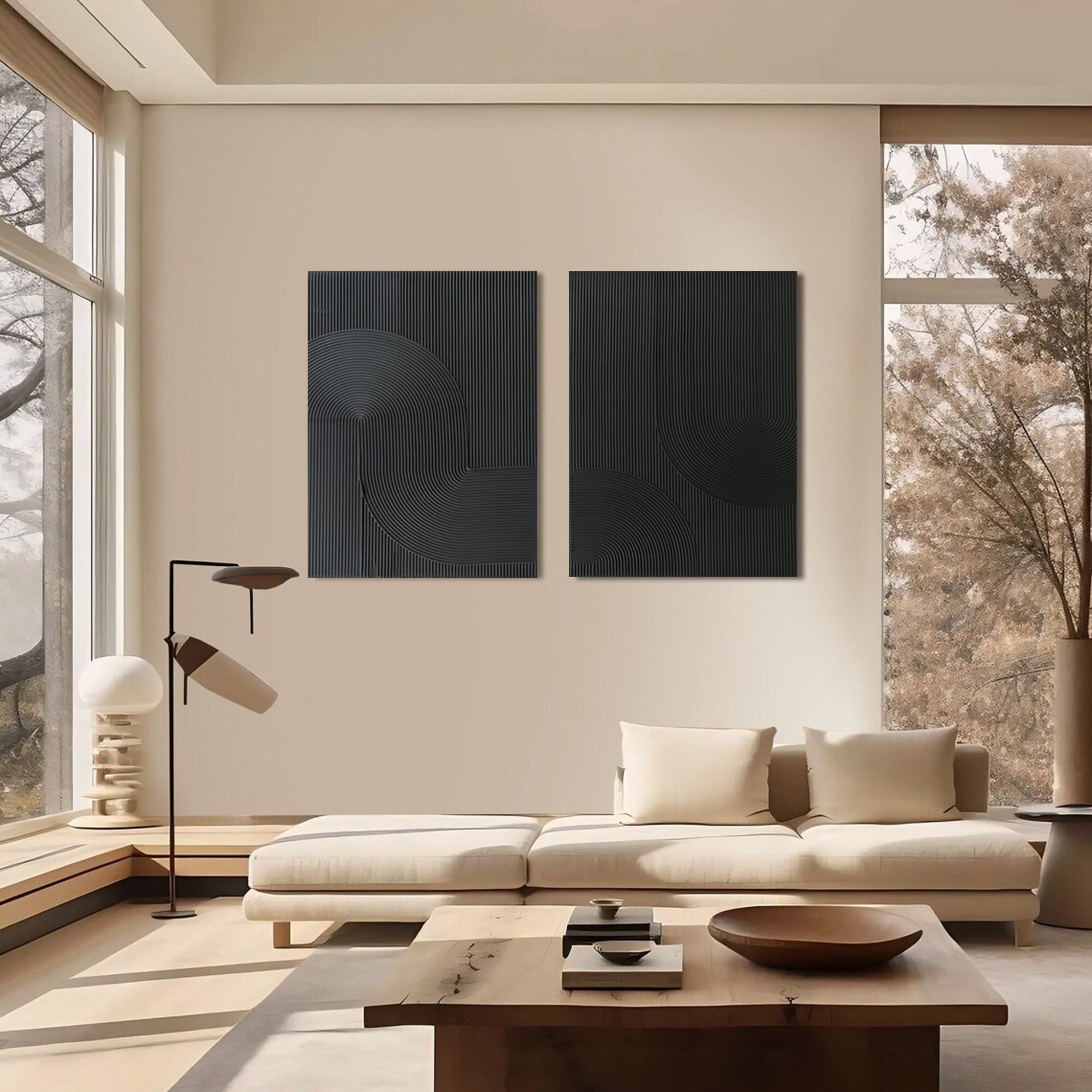 Modern Abstract Black Circular Textured Wall Art Set #MMS046