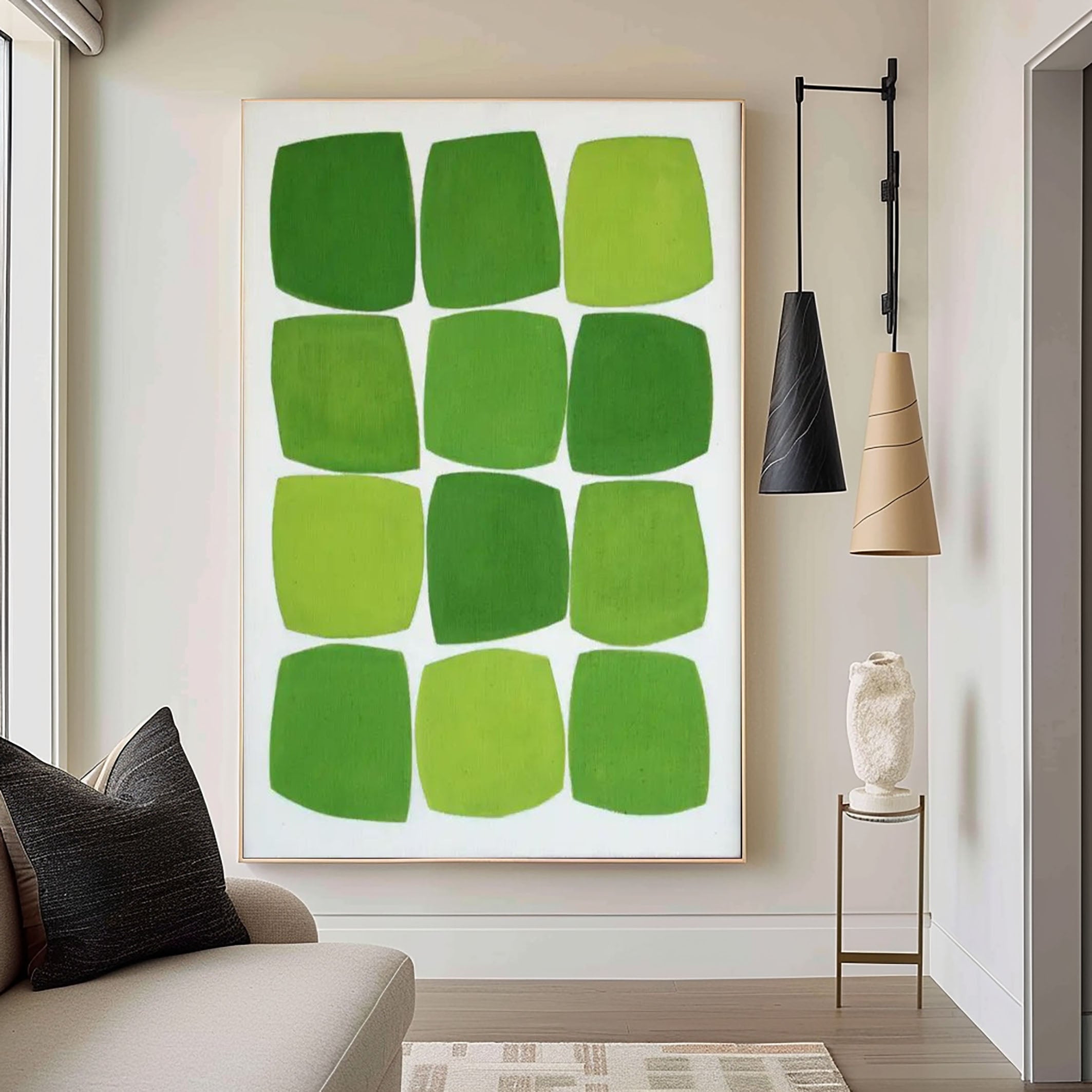 Contemporary Green Squares Abstract Painting Minimalist Design #AB019