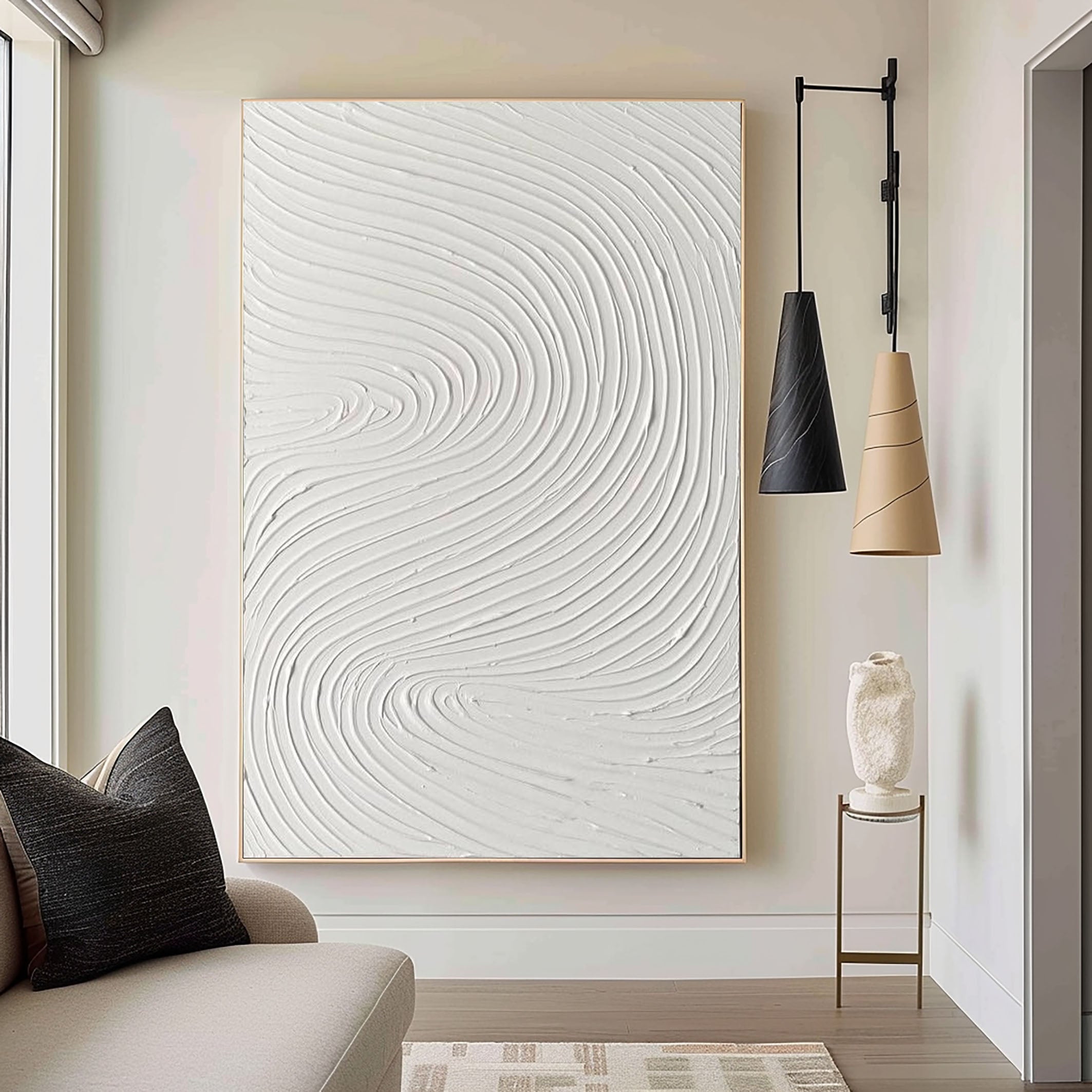 Tranquil Waves White Textured Abstract Art For House #MM100