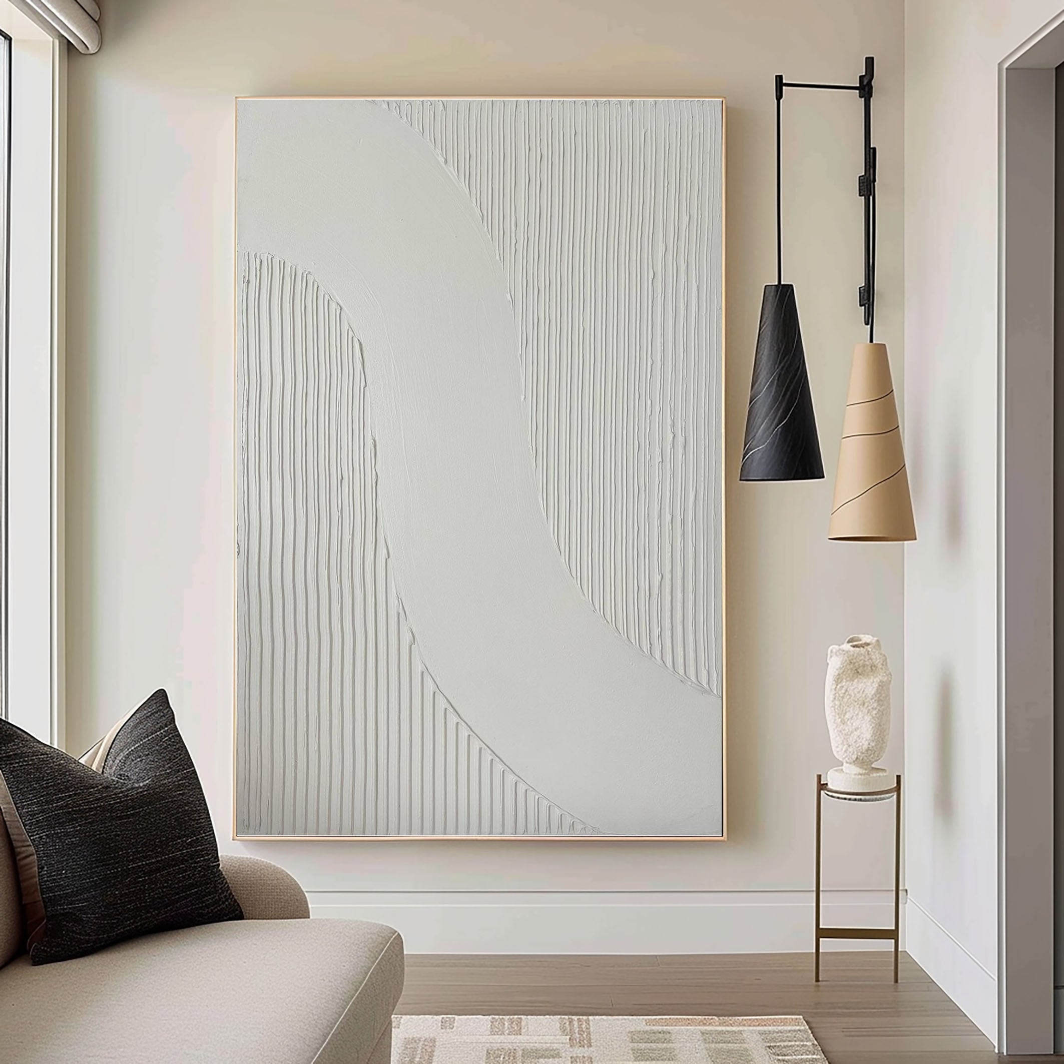 Minimalist Wave Textured White Abstract Painting