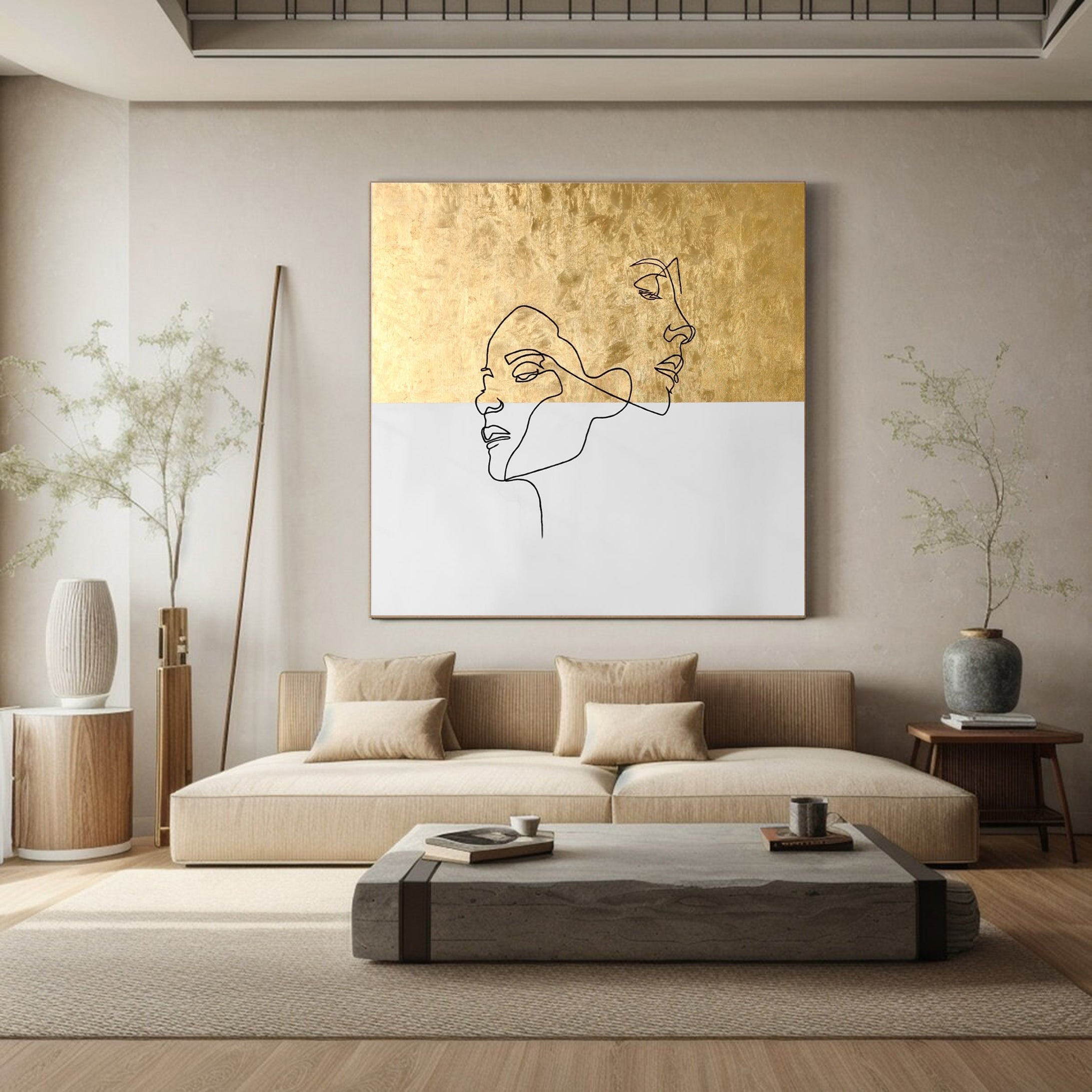 Minimalist Abstract Face Wall Art Gold and White Canvas #HF013