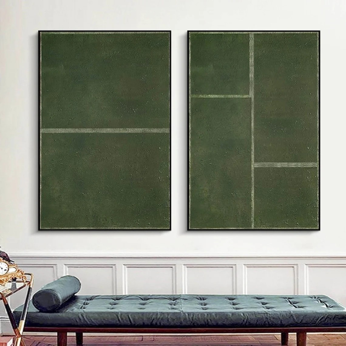 Green Minimalist Diptych Art with Geometric Lines #MM229