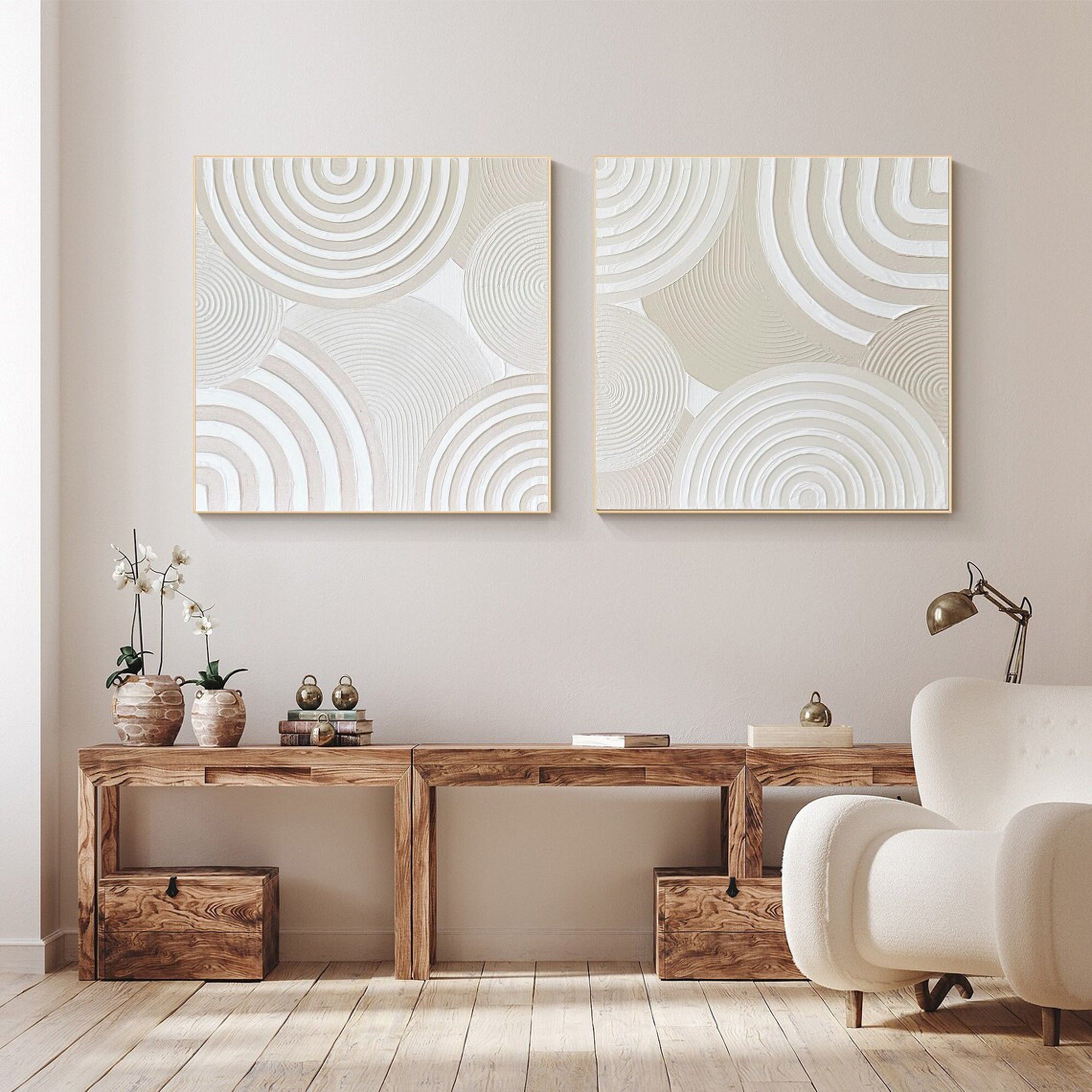 Luxurious Beige Spiral Abstract Art Dual Canvas Set #MMS009