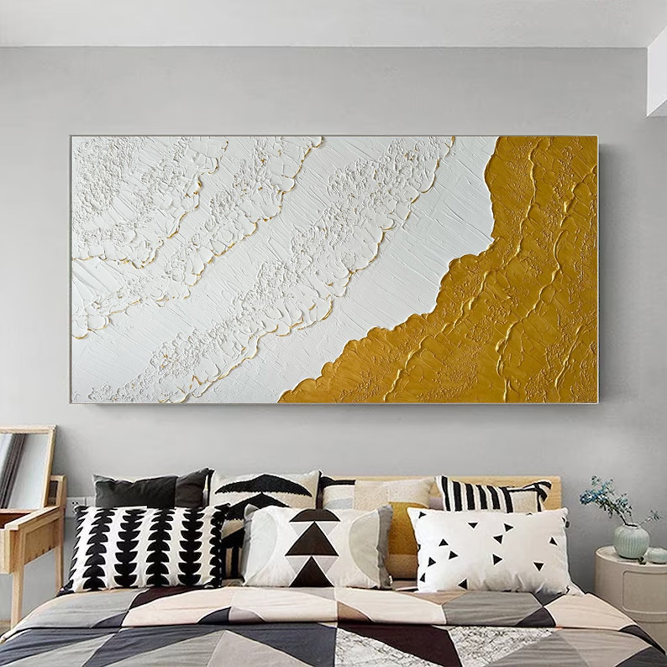 Modern Textured Wall Art Gold Highlights on White Canvas #MM038