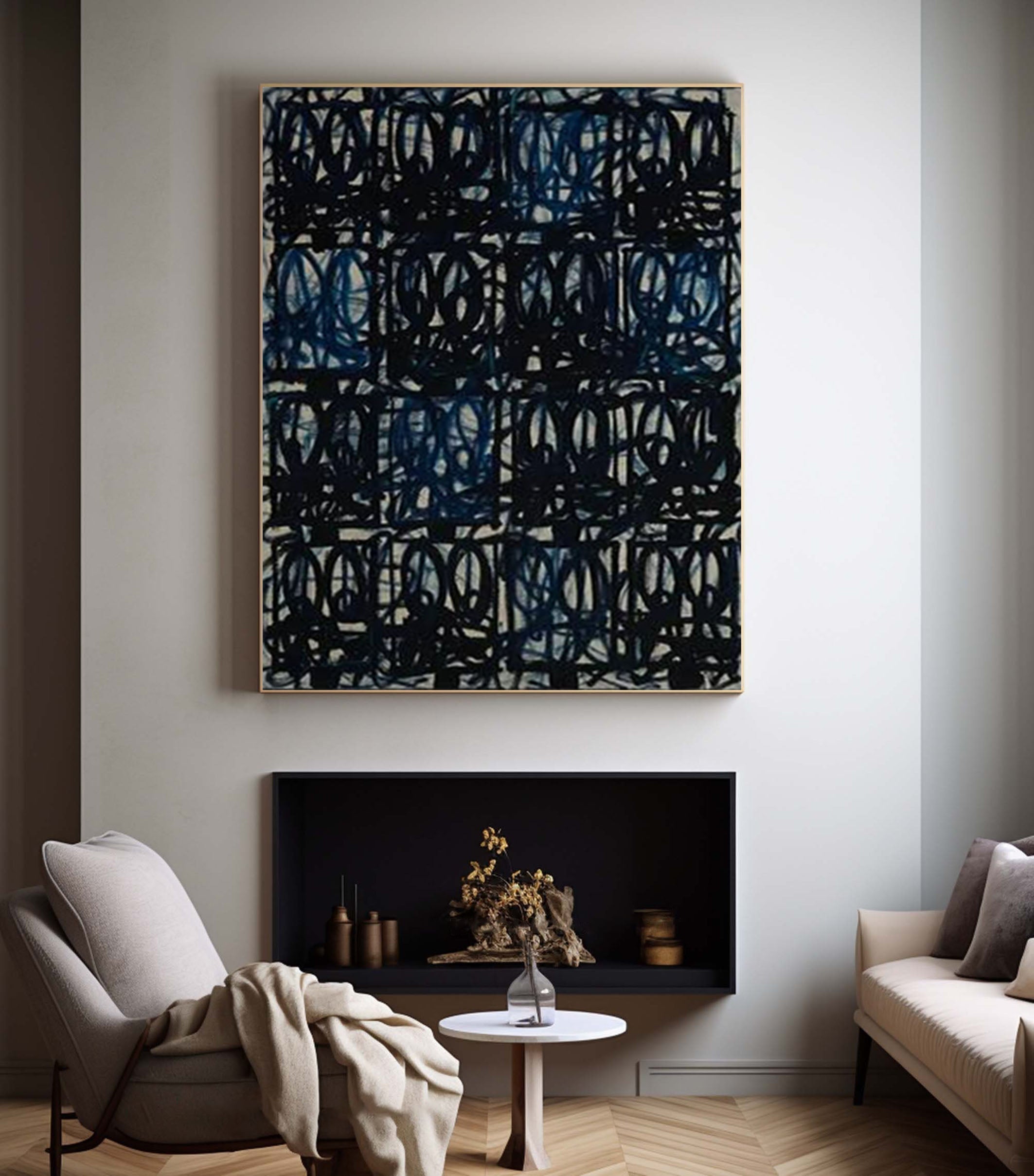 Intricate Blue and Black Wall Art Modernist Aesthetic #AB025