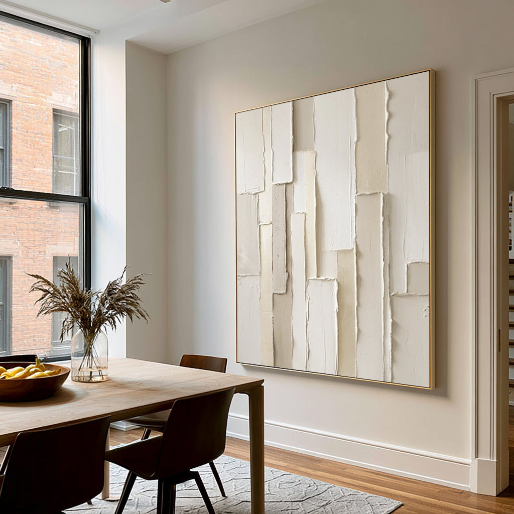 Large White Sculptural Relief Wall Art 3D Textured Abstract Oil Painting Layered Geometric Blocks Neutral Minimalist Luxury Home Decor