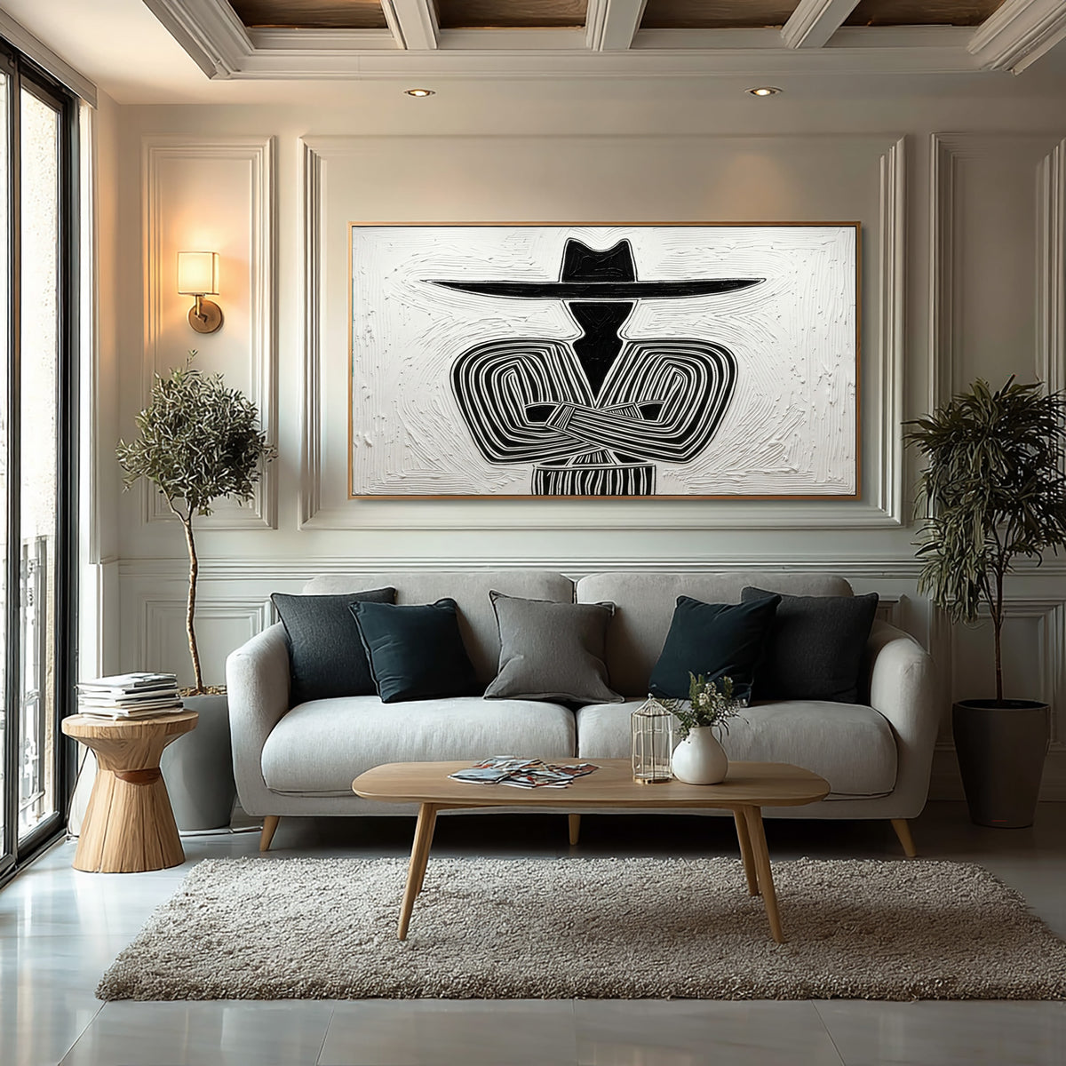 Large Oil Painting Textured Cowboy Minimalist Abstract Black White Western Art