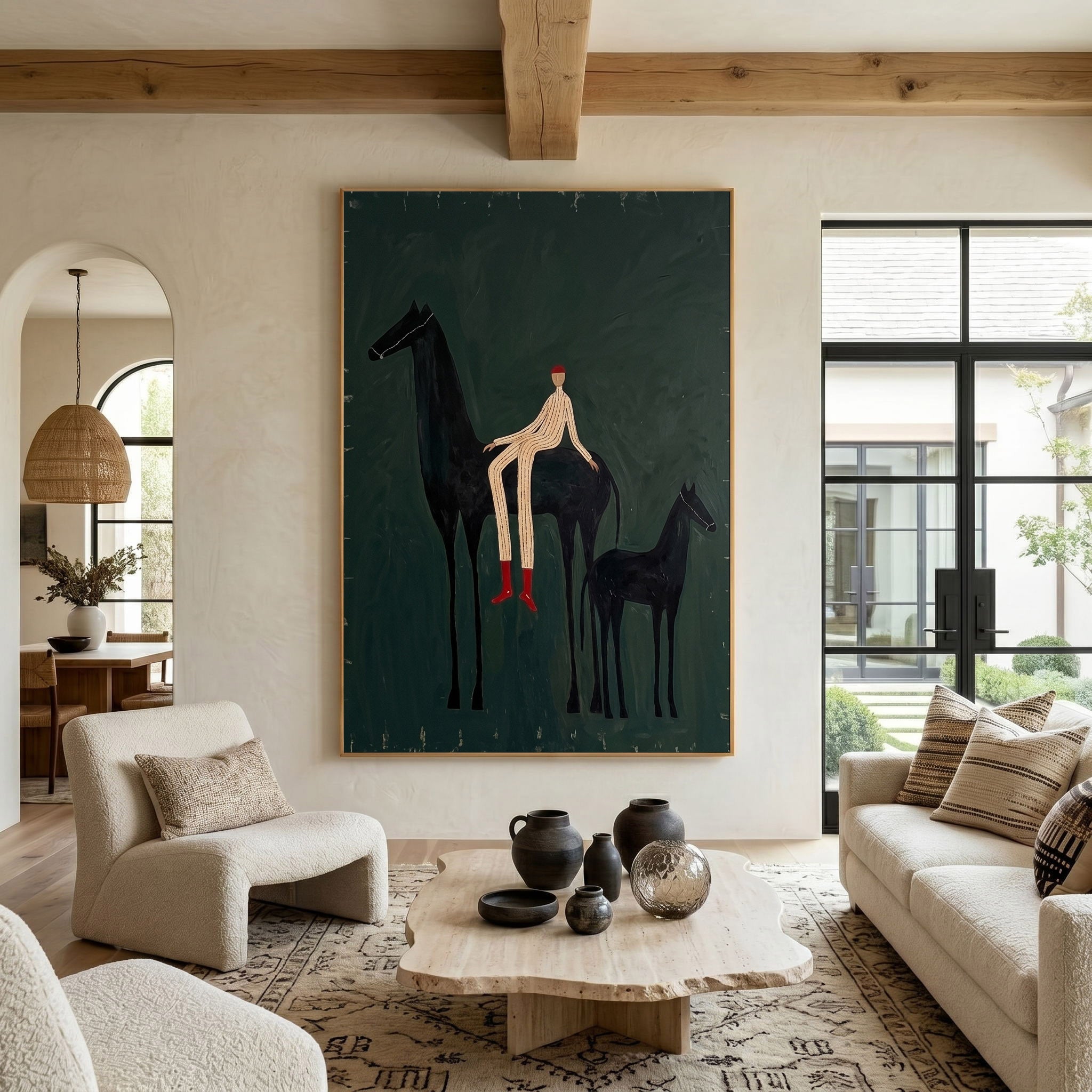 Large Cowboy Horse Wall Art Green Western Equestrian Painting