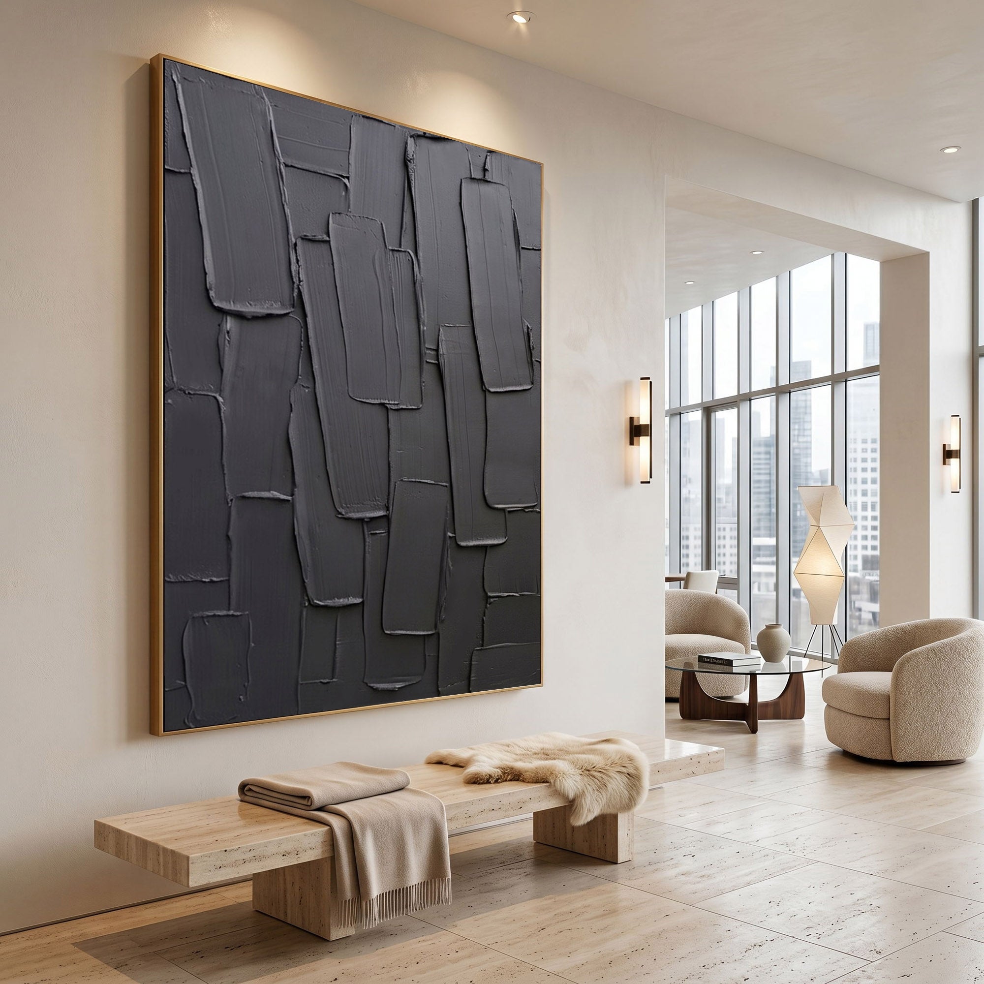 Black Gray Abstract Wall Art Textured Relief Painting Handmade Impasto Modern Minimalist Home Decor