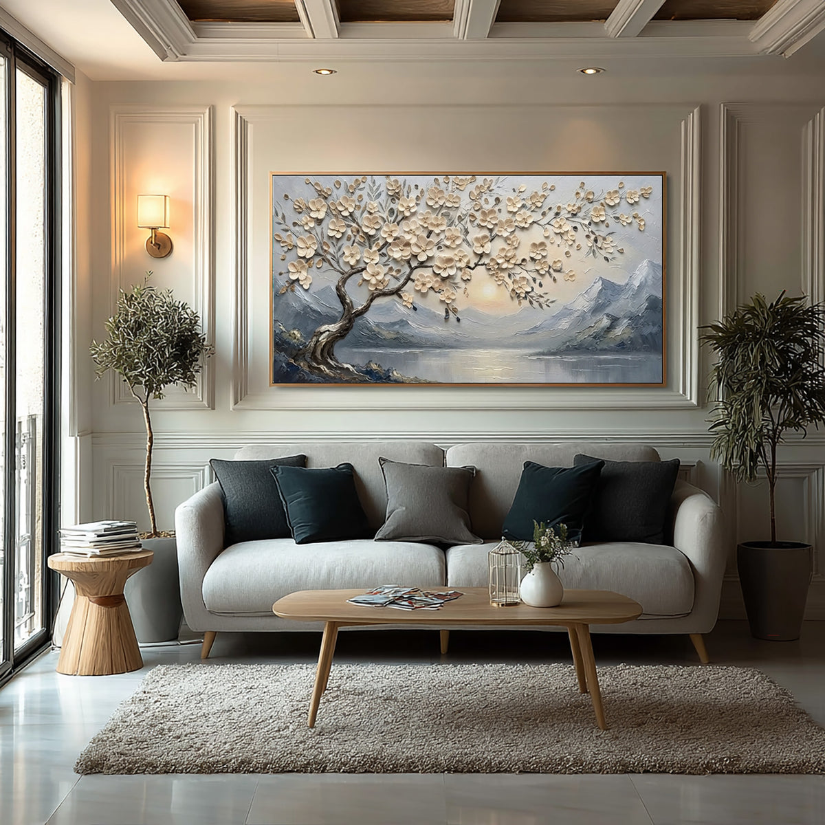 Large Textured Blossom Tree Painting Mountain Lake Living Room Wall Art