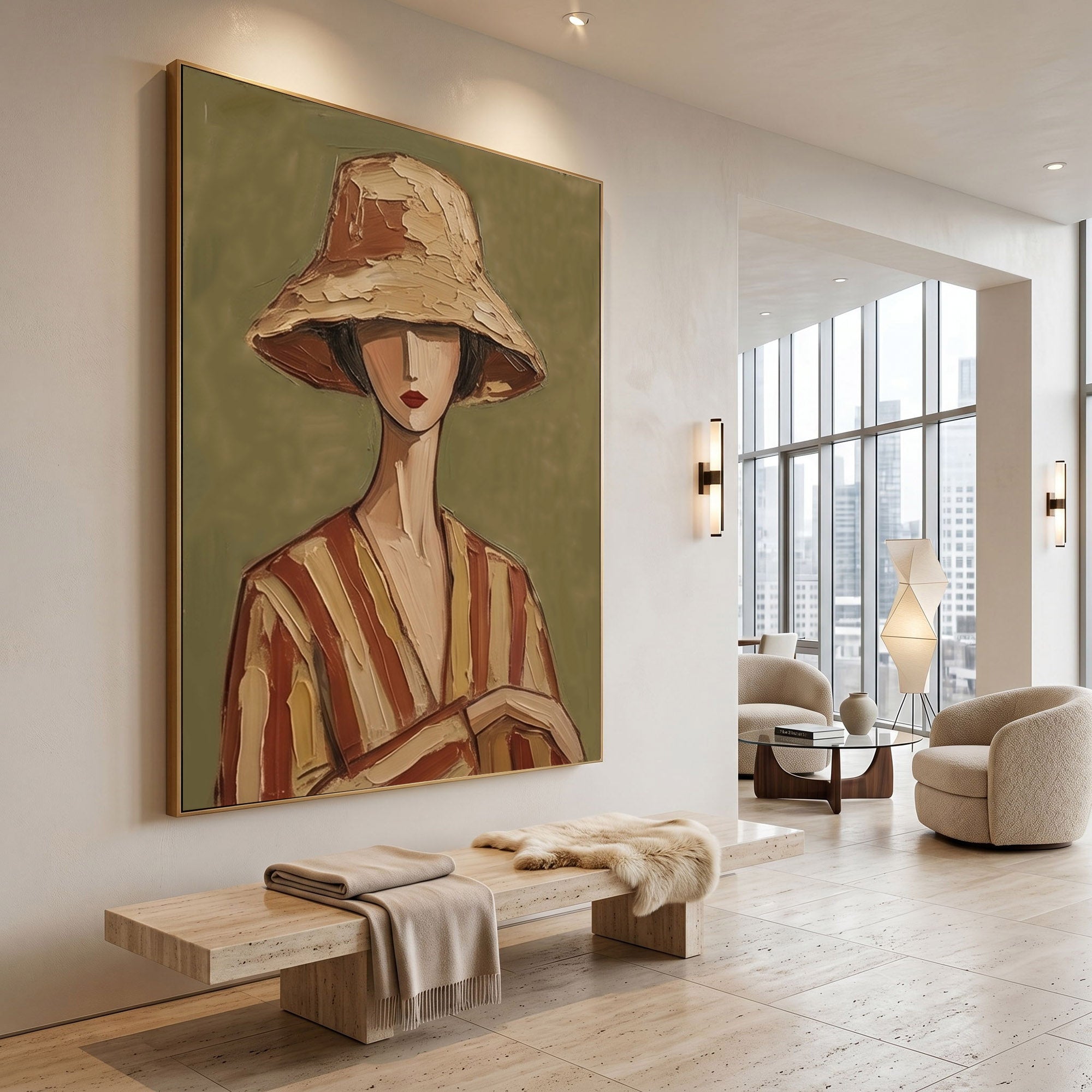 Large Modern Woman Portrait Wall Art Abstract Oil Painting Vintage Americana Art Cowgirl Cowboy Western Fashion Figure Interior Decor