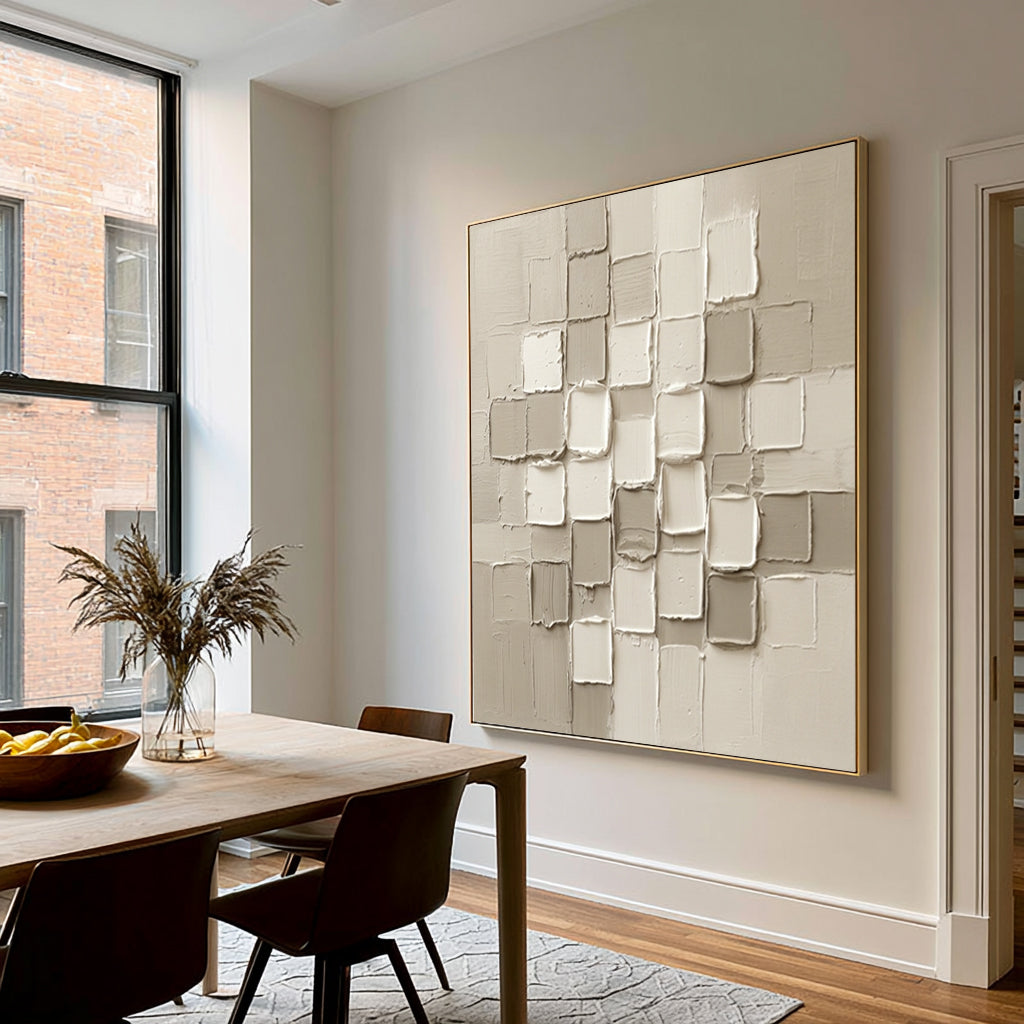 Large Elegant Neutral Textured Wall Art White Beige Abstract Oil Painting 3D Geometric Relief Modern Minimalist Luxury Home Decor