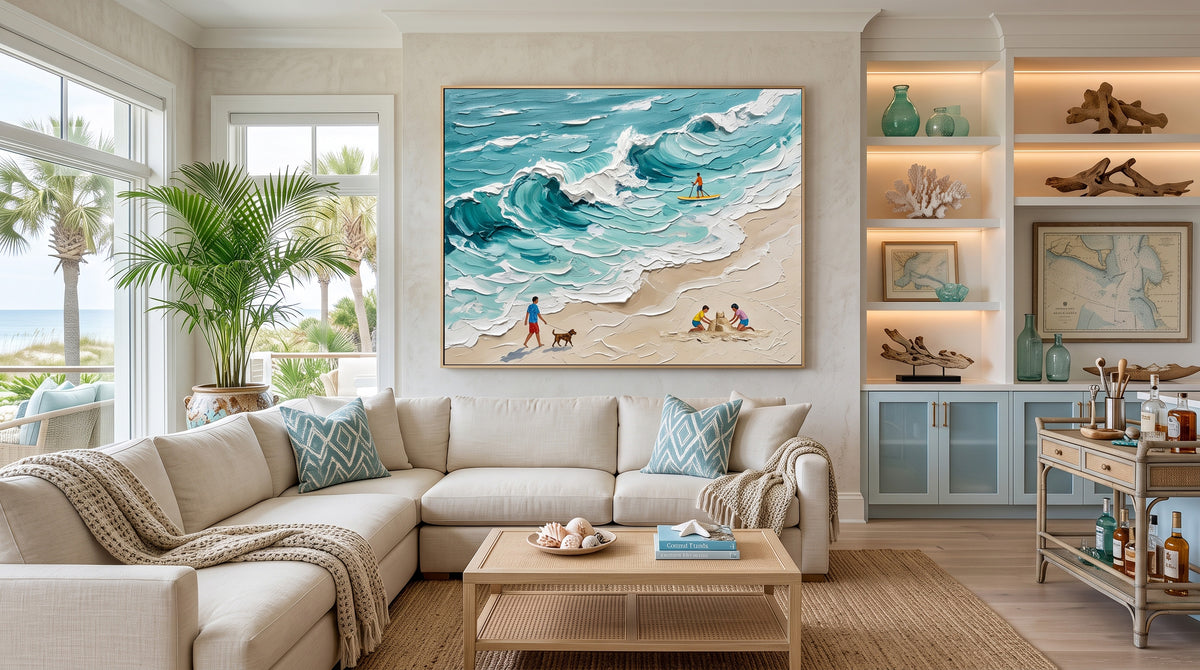 Large Textured Oil Painting Family Beach Scene Turquoise Ocean Coastal Art