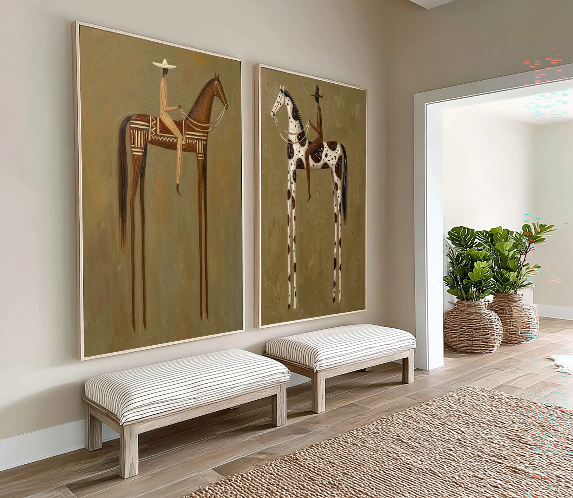 Large Cowboy Horse Wall Art Modern Western Heritage Diptych Canvas