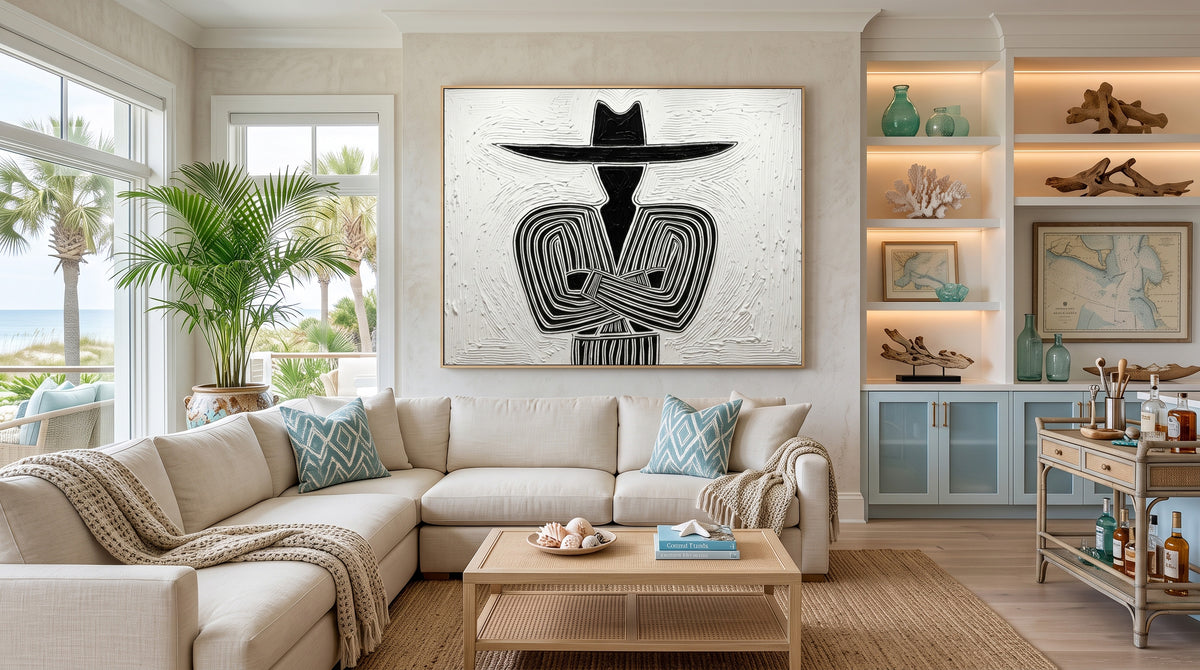 Large Oil Painting Textured Cowboy Minimalist Abstract Black White Western Art