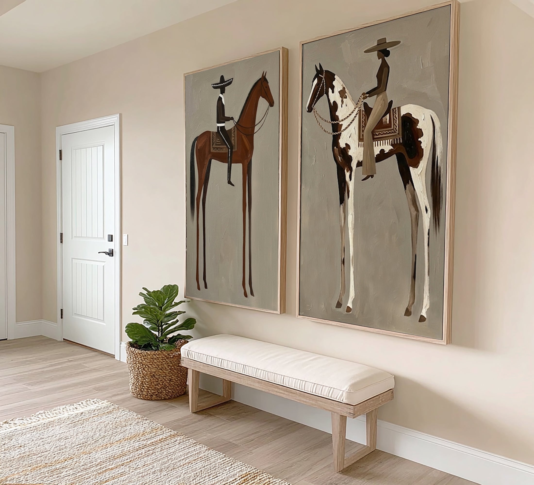 Large Minimalist Cowboy Horse Wall Art Contemporary Western Canvas Diptych