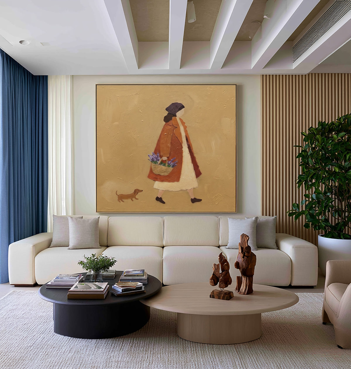 A Stroll Through The Countryside Woman Walking Dog Original Figurative Painting Warm Rustic Wall Art