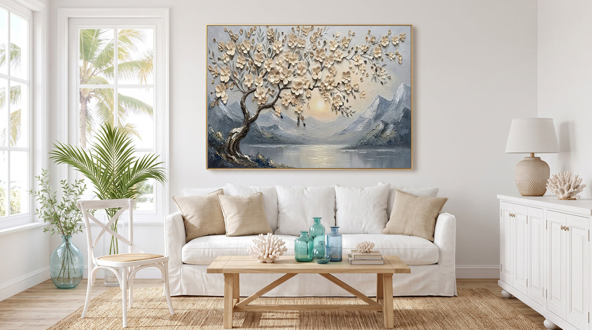 Large Textured Blossom Tree Painting Mountain Lake Living Room Wall Art