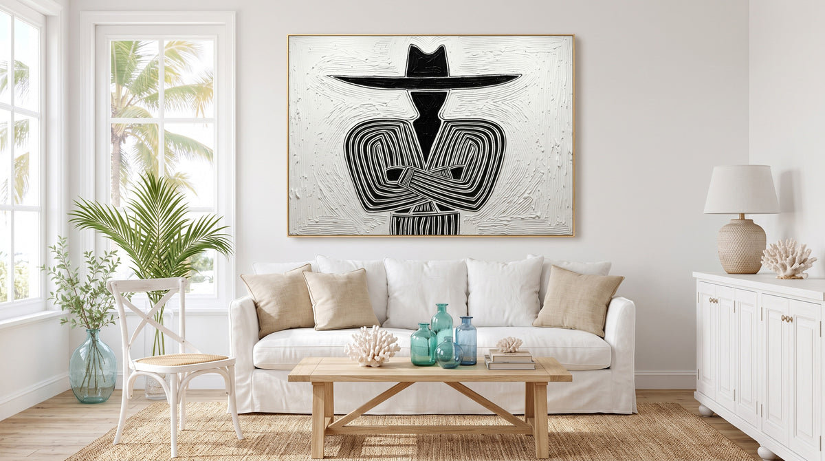 Large Oil Painting Textured Cowboy Minimalist Abstract Black White Western Art