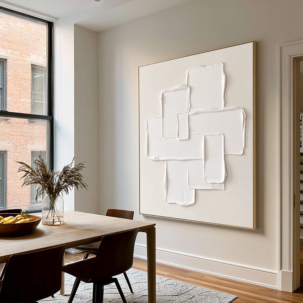 Large Neutral Abstract Spatial Forms Wall Art Ivory Cream Oil Painting Modern Sculptural Texture Raised Geometric Composition Minimalist Contemporary Luxury Interior Decor