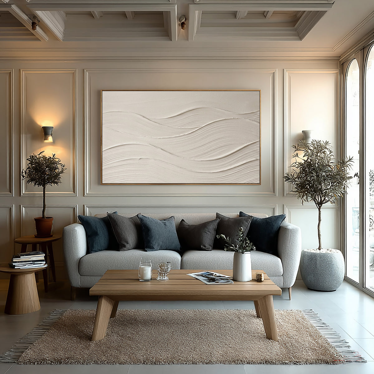 Large Modern Abstract Flowing Waves Wall Art White Textured Oil Painting Minimalist Neutral Coastal Artwork Contemporary Home Decor 