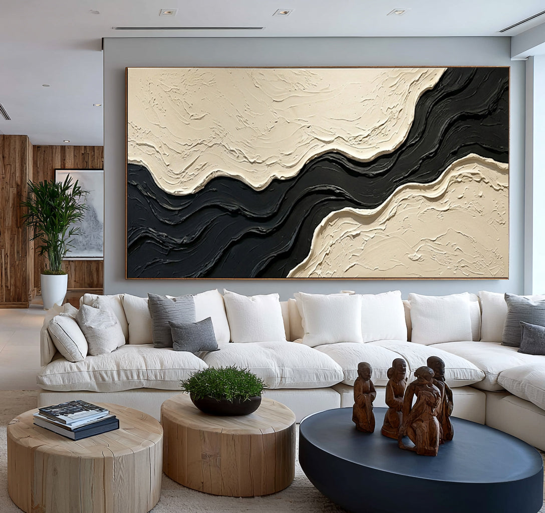 Large Architectural Textured Abstract Wall Art Black Ivory Oil Painting Contemporary Luxury Interior Design Artwork