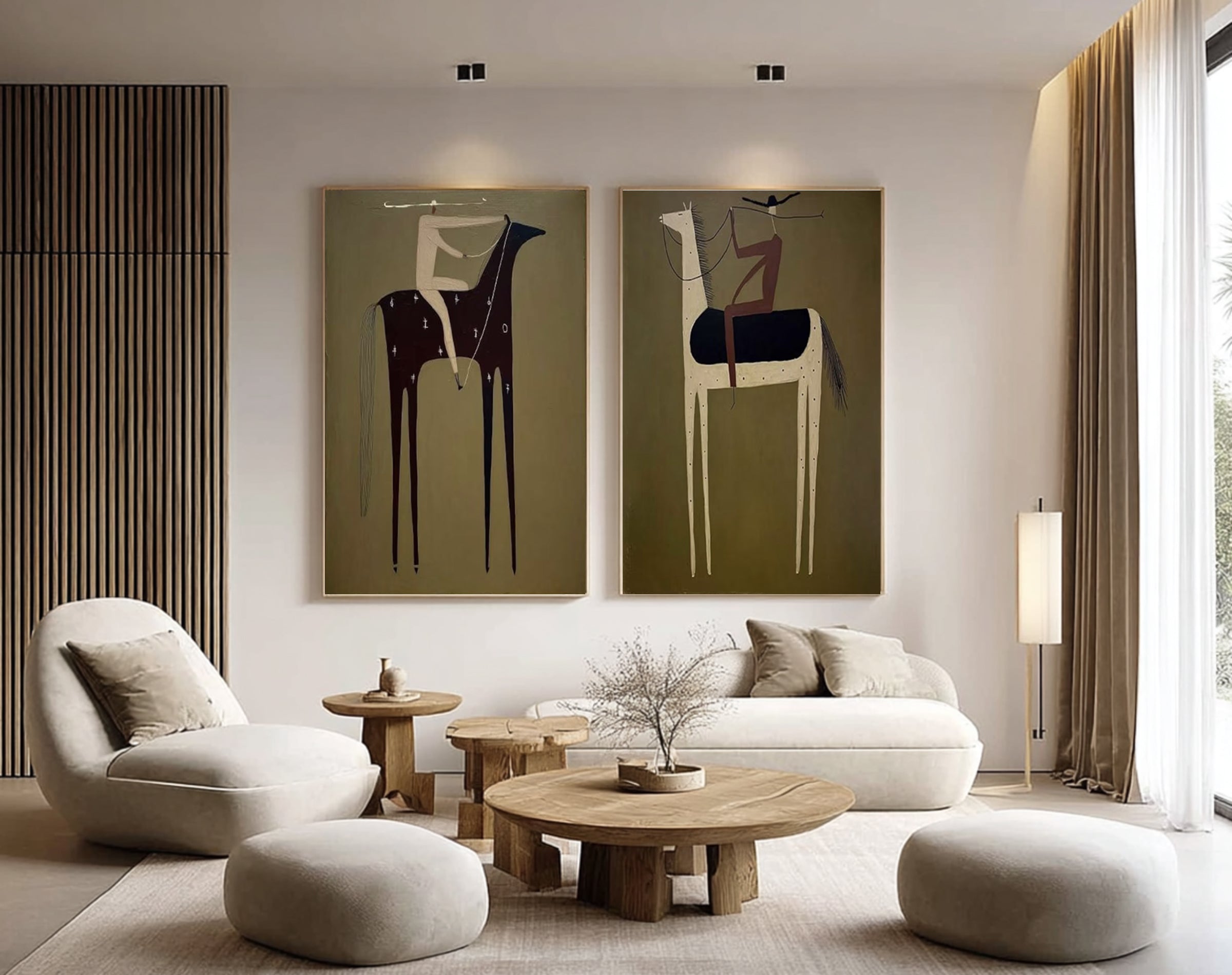 Large Luxury Horse Rider Canvas Art Contemporary Neutral Diptych Painting