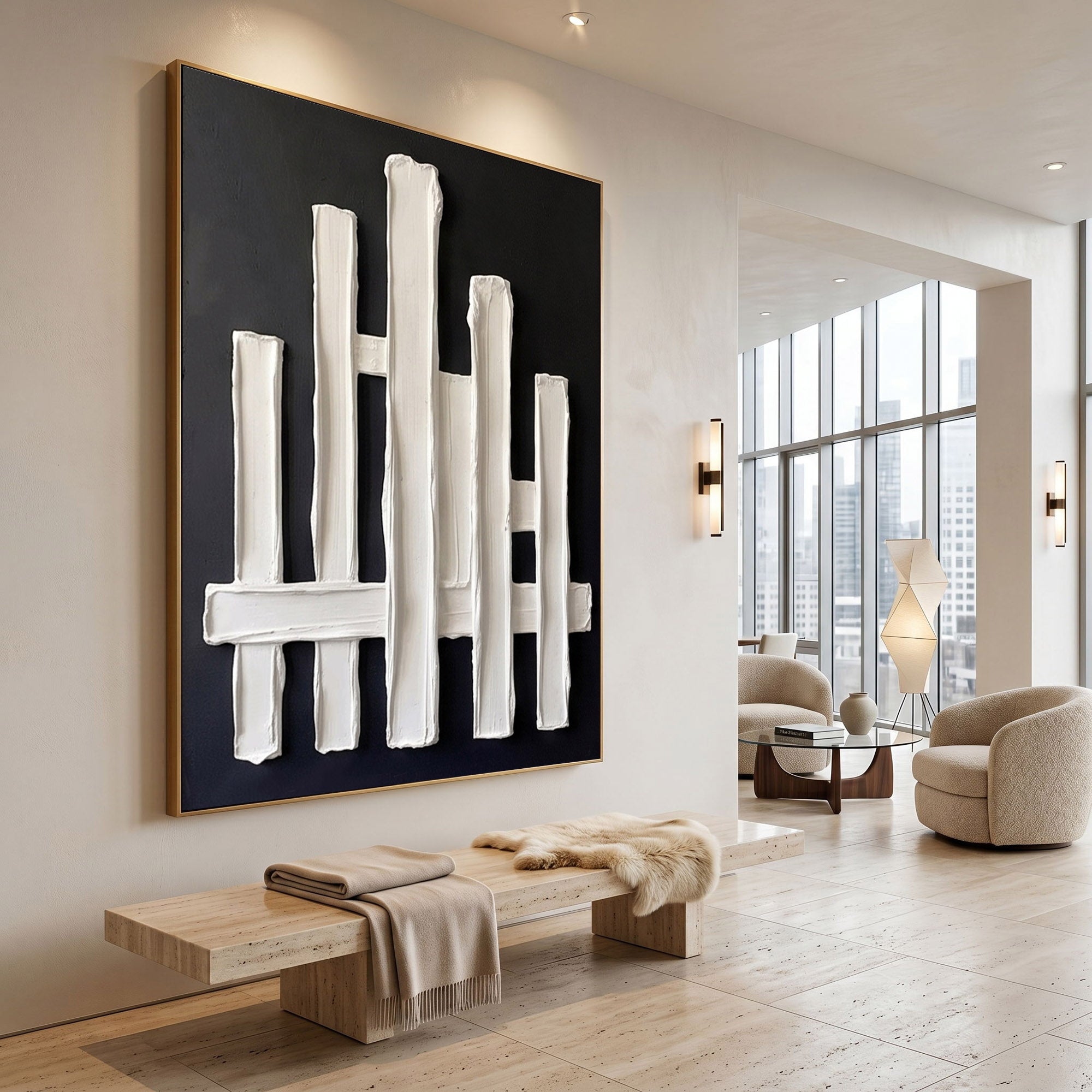 Modern Architectural Abstract Wall Art Textured Plaster 3D Relief Painting Luxury Minimalist Decor