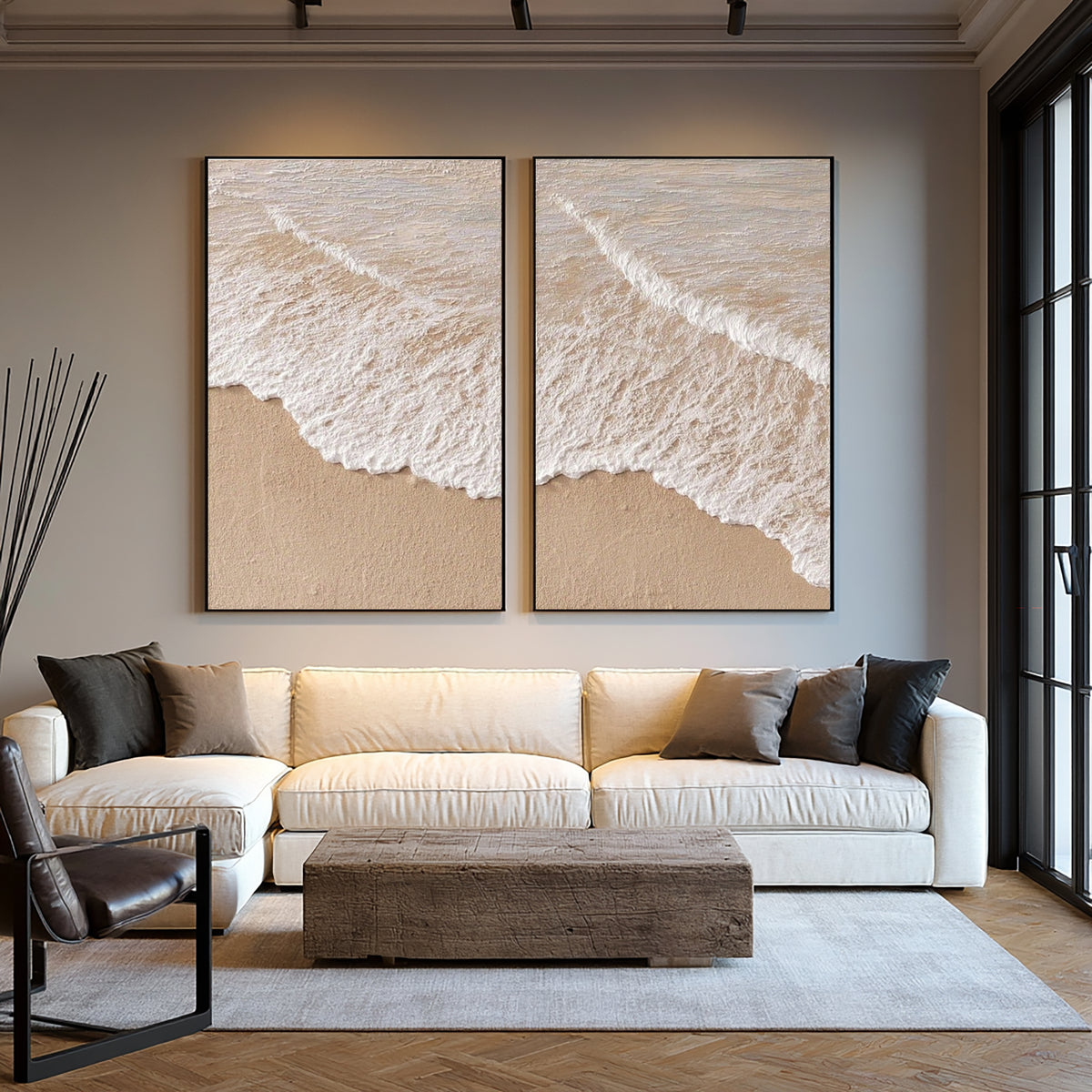 Large Textured Ocean Waves Diptych Wall Art Beige White Coastal Seascape 3D Oil Painting Minimalist Two Piece Canvas Modern Home Decor