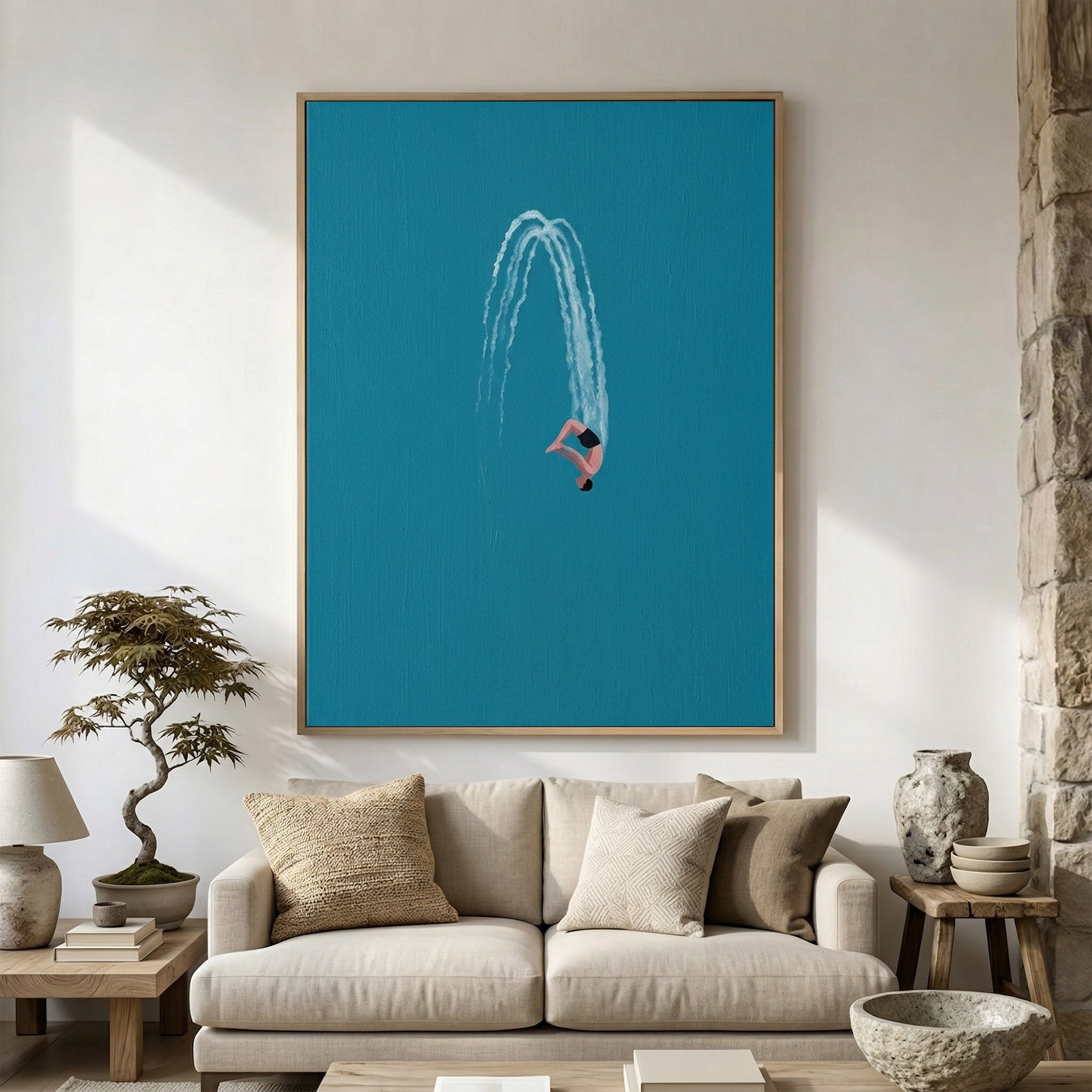 Large Minimalist Diver Wall Art Modern Swimming Oil Painting Coastal Decor