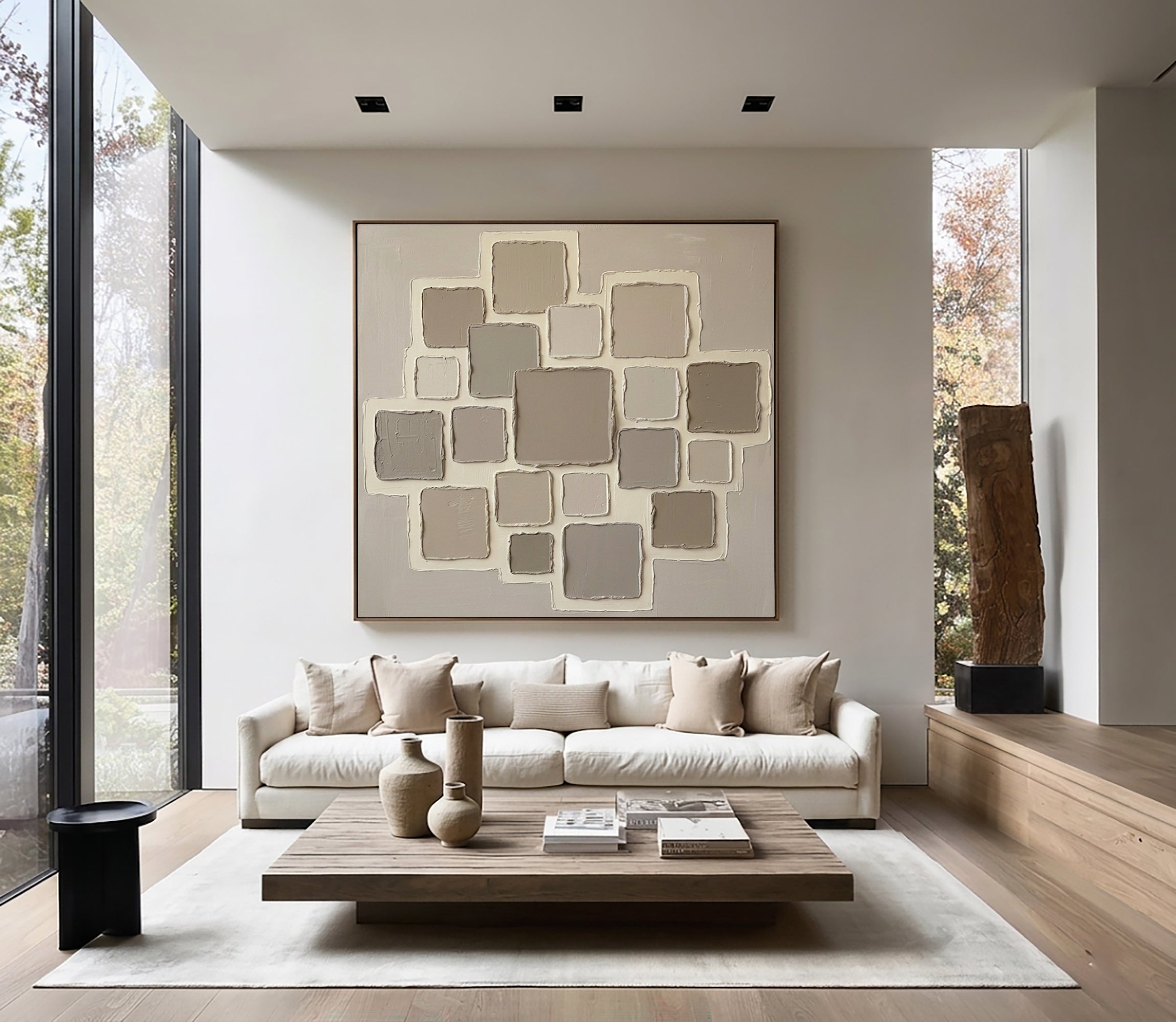 Large Minimalist Beige Oil Painting – Luxury Neutral Texture Canvas Art