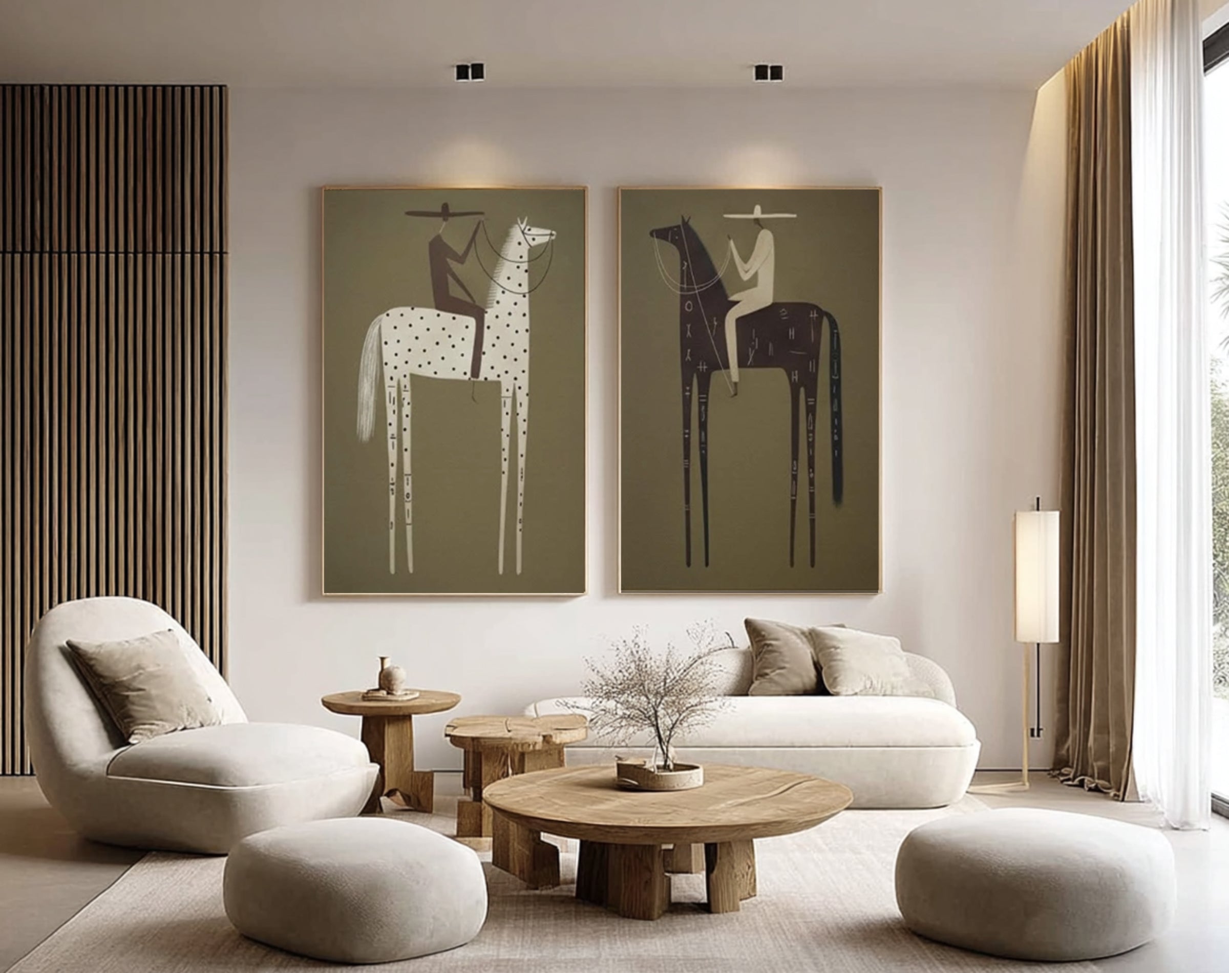 Large Folk Art Horse Paintings Contemporary Minimalist Diptych